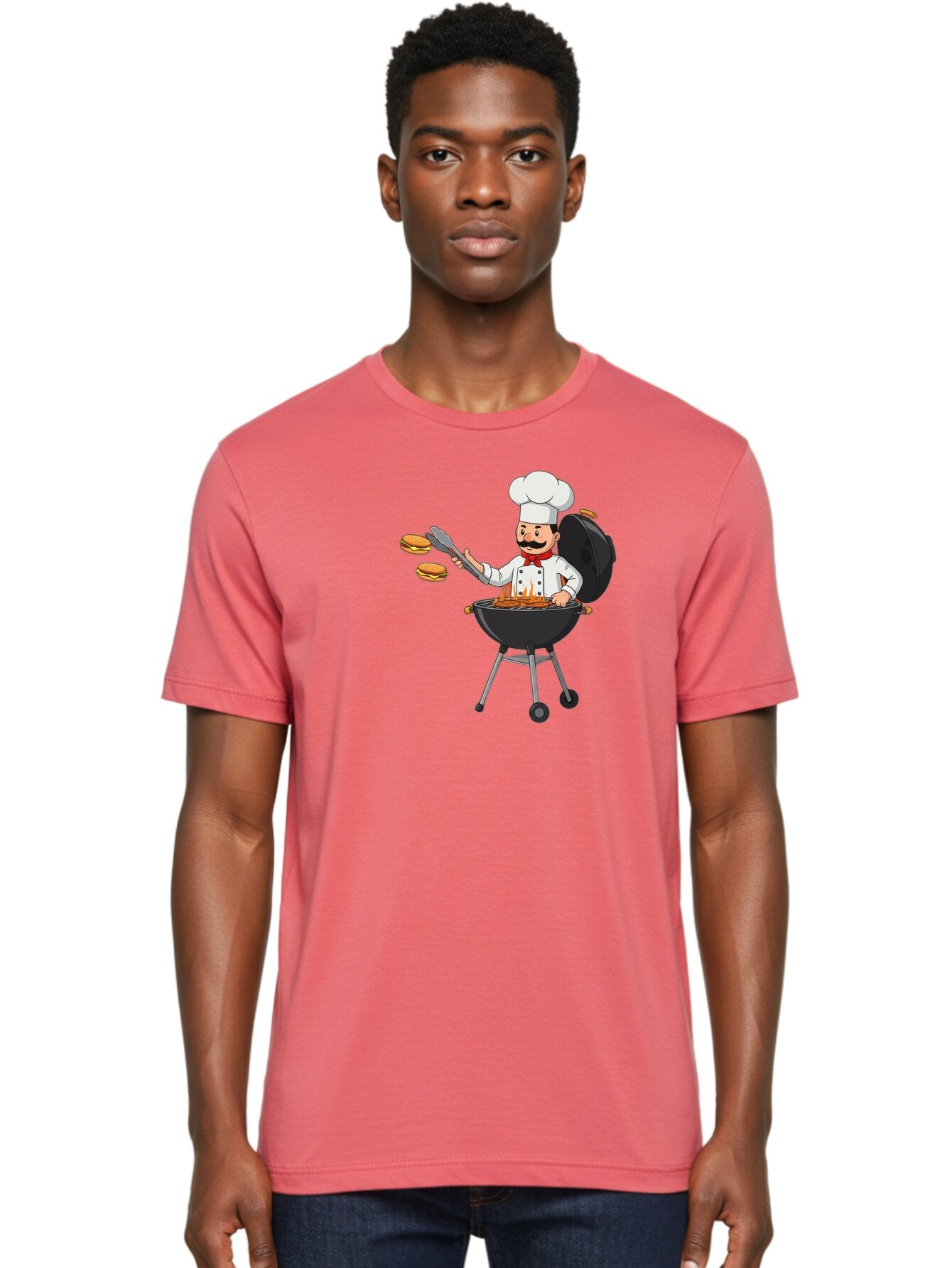Chef-Barbecue Men'S Graphic Tee, 100% Cotton, Comfortable Casual Summer Wear, Machine Washable, Chef Cooking Burgers, Barbecue Grill, Chef Hat, Chef Uniform, Red Bow Tie, Mustache, Burgers Cooking, Grilling Meat, Barbecue Tongs, Bab728 26