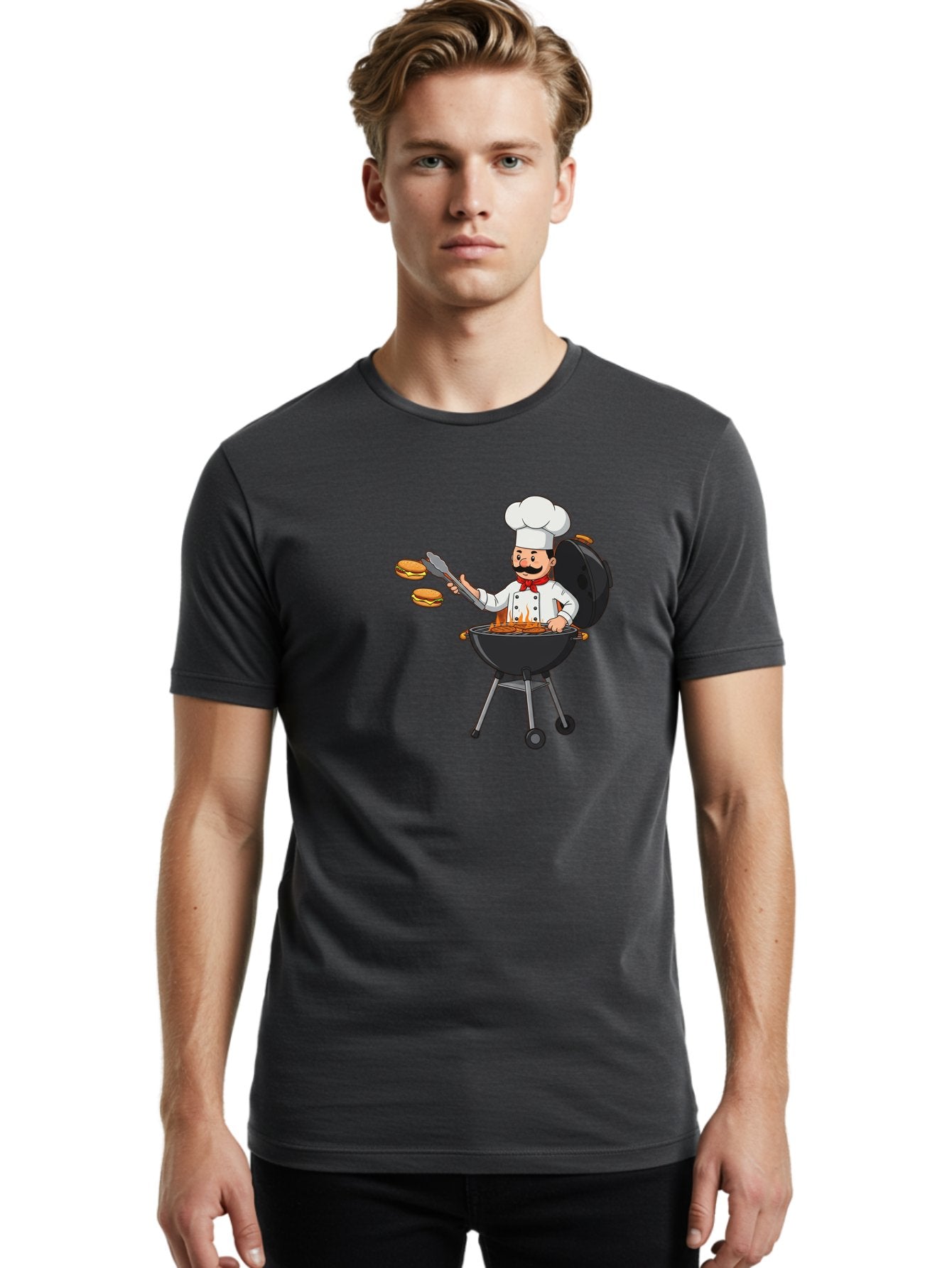 Chef-Barbecue Men'S Graphic Tee, 100% Cotton, Comfortable Casual Summer Wear, Machine Washable, Chef Cooking Burgers, Barbecue Grill, Chef Hat, Chef Uniform, Red Bow Tie, Mustache, Burgers Cooking, Grilling Meat, Barbecue Tongs, Bab728 28