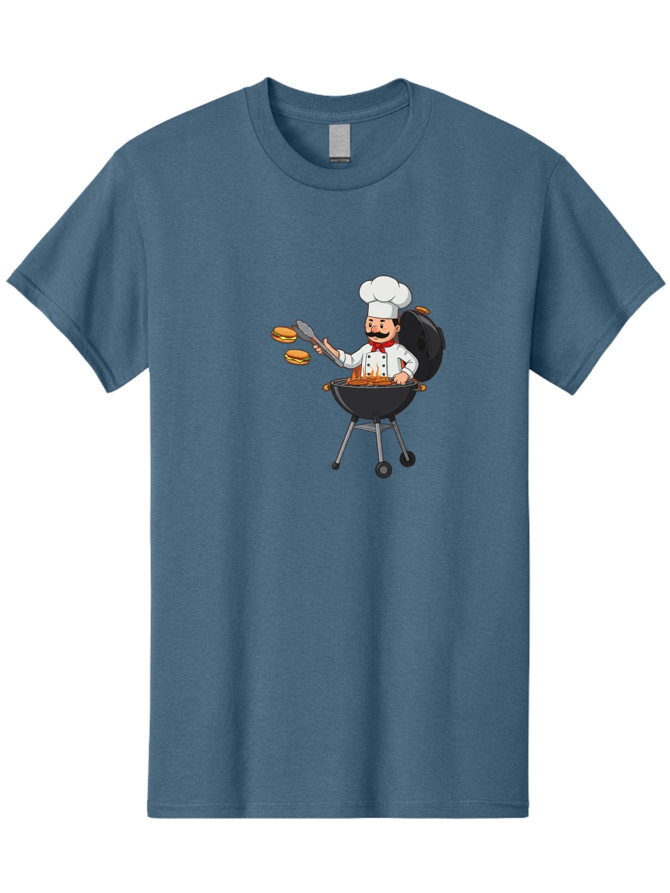 Chef-Barbecue Men'S Graphic Tee, 100% Cotton, Comfortable Casual Summer Wear, Machine Washable, Chef Cooking Burgers, Barbecue Grill, Chef Hat, Chef Uniform, Red Bow Tie, Mustache, Burgers Cooking, Grilling Meat, Barbecue Tongs, Bab728