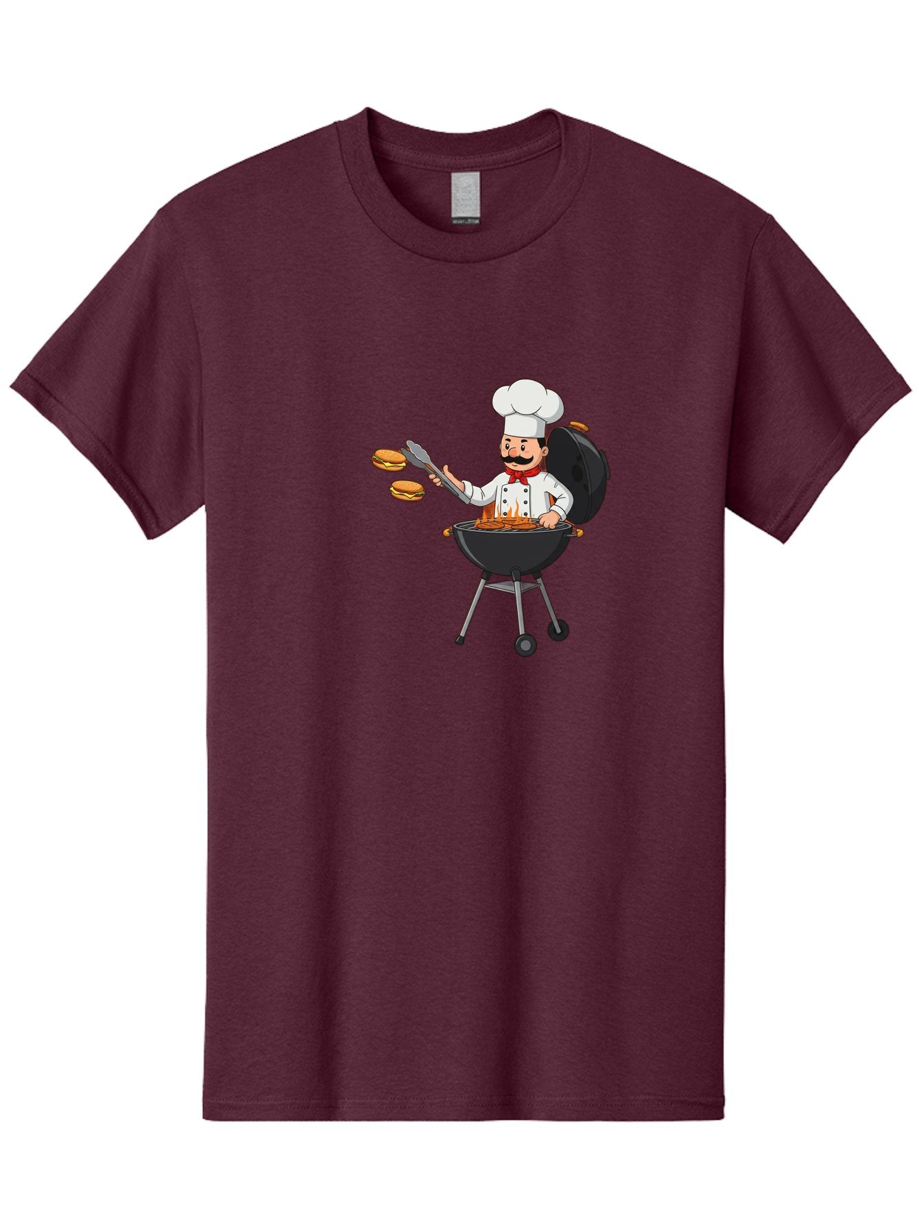 Chef-Barbecue Men'S Graphic Tee, 100% Cotton, Comfortable Casual Summer Wear, Machine Washable, Chef Cooking Burgers, Barbecue Grill, Chef Hat, Chef Uniform, Red Bow Tie, Mustache, Burgers Cooking, Grilling Meat, Barbecue Tongs, Bab728 15