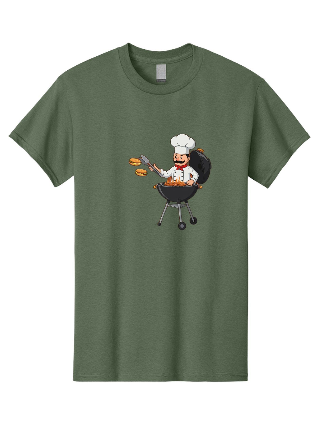 Chef-Barbecue Men'S Graphic Tee, 100% Cotton, Comfortable Casual Summer Wear, Machine Washable, Chef Cooking Burgers, Barbecue Grill, Chef Hat, Chef Uniform, Red Bow Tie, Mustache, Burgers Cooking, Grilling Meat, Barbecue Tongs, Bab728 7