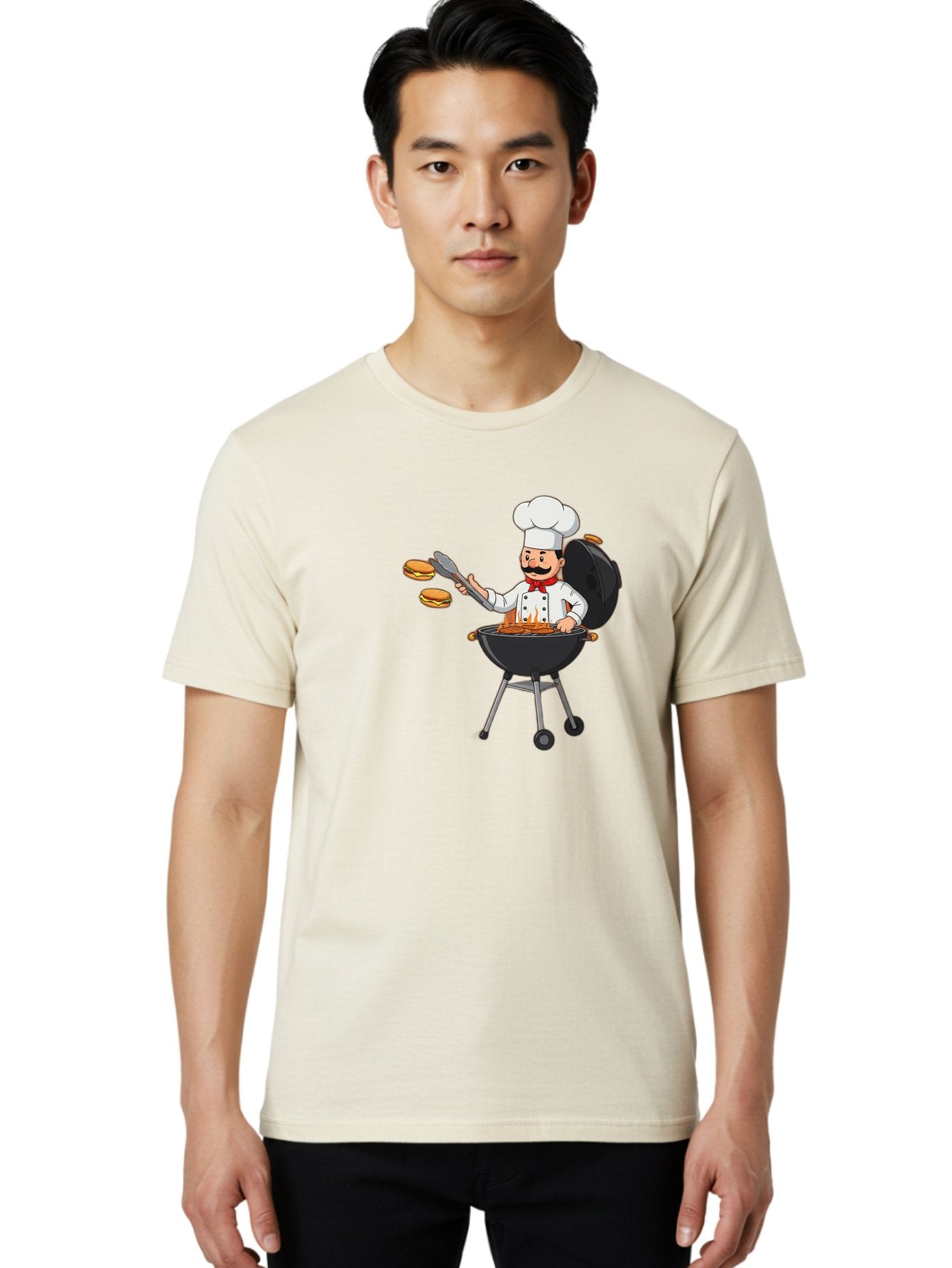 Chef-Barbecue Men'S Graphic Tee, 100% Cotton, Comfortable Casual Summer Wear, Machine Washable, Chef Cooking Burgers, Barbecue Grill, Chef Hat, Chef Uniform, Red Bow Tie, Mustache, Burgers Cooking, Grilling Meat, Barbecue Tongs, Bab728 29