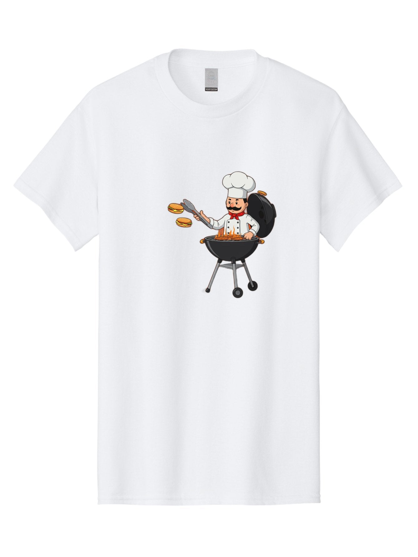 Chef-Barbecue Men'S Graphic Tee, 100% Cotton, Comfortable Casual Summer Wear, Machine Washable, Chef Cooking Burgers, Barbecue Grill, Chef Hat, Chef Uniform, Red Bow Tie, Mustache, Burgers Cooking, Grilling Meat, Barbecue Tongs, Bab728
