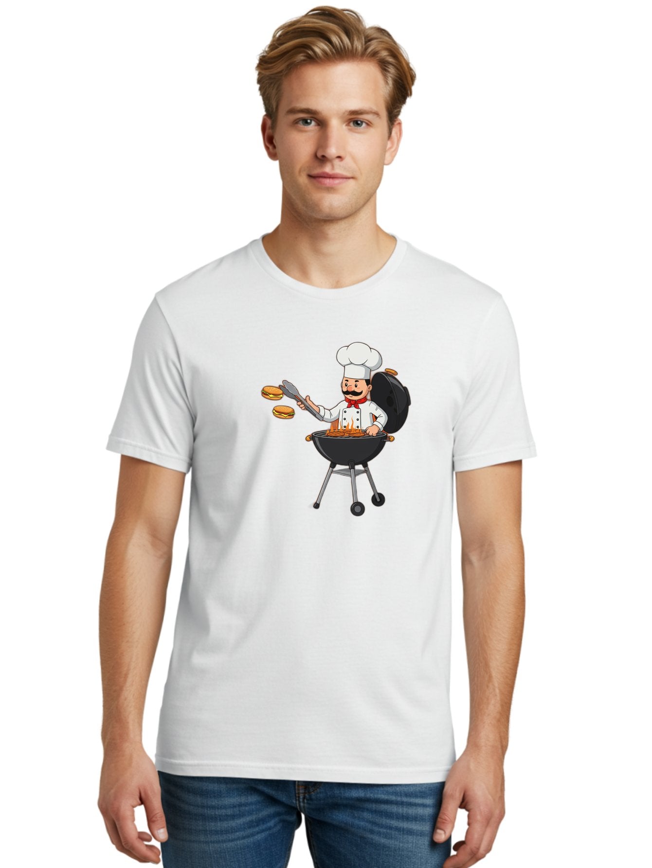 Chef-Barbecue Men'S Graphic Tee, 100% Cotton, Comfortable Casual Summer Wear, Machine Washable, Chef Cooking Burgers, Barbecue Grill, Chef Hat, Chef Uniform, Red Bow Tie, Mustache, Burgers Cooking, Grilling Meat, Barbecue Tongs, Bab728 19