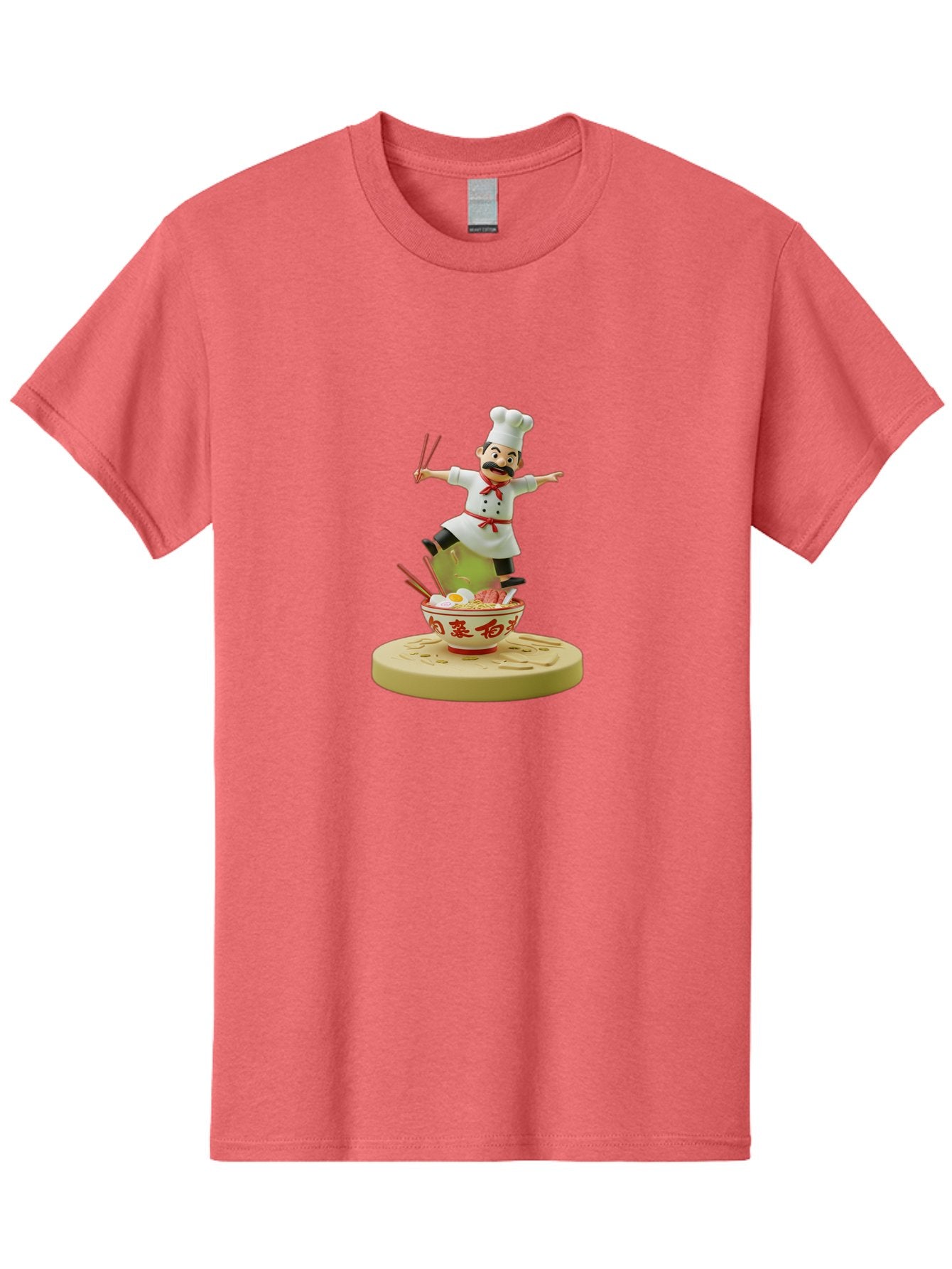 Chef-Figural Men'S Graphic Tee, 100% Cotton, Comfortable Casual Summer Wear, Machine Washable, Chef Figurine, Dancing Above Ramen Bowl, Red And White Design, Chopsticks, Asian Cuisine, Culinary Art, Figurative Sculpture, Kawaii Culture, Bab729 15