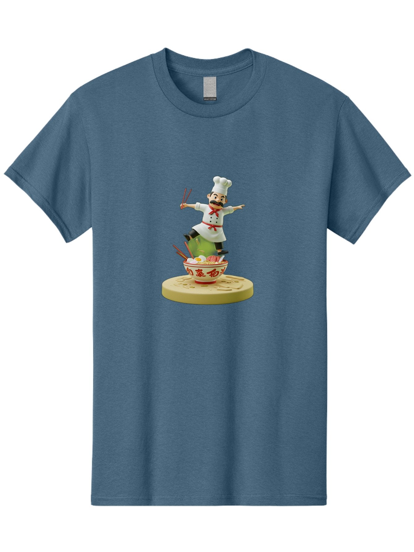 Chef-Figural Men'S Graphic Tee, 100% Cotton, Comfortable Casual Summer Wear, Machine Washable, Chef Figurine, Dancing Above Ramen Bowl, Red And White Design, Chopsticks, Asian Cuisine, Culinary Art, Figurative Sculpture, Kawaii Culture, Bab729 9