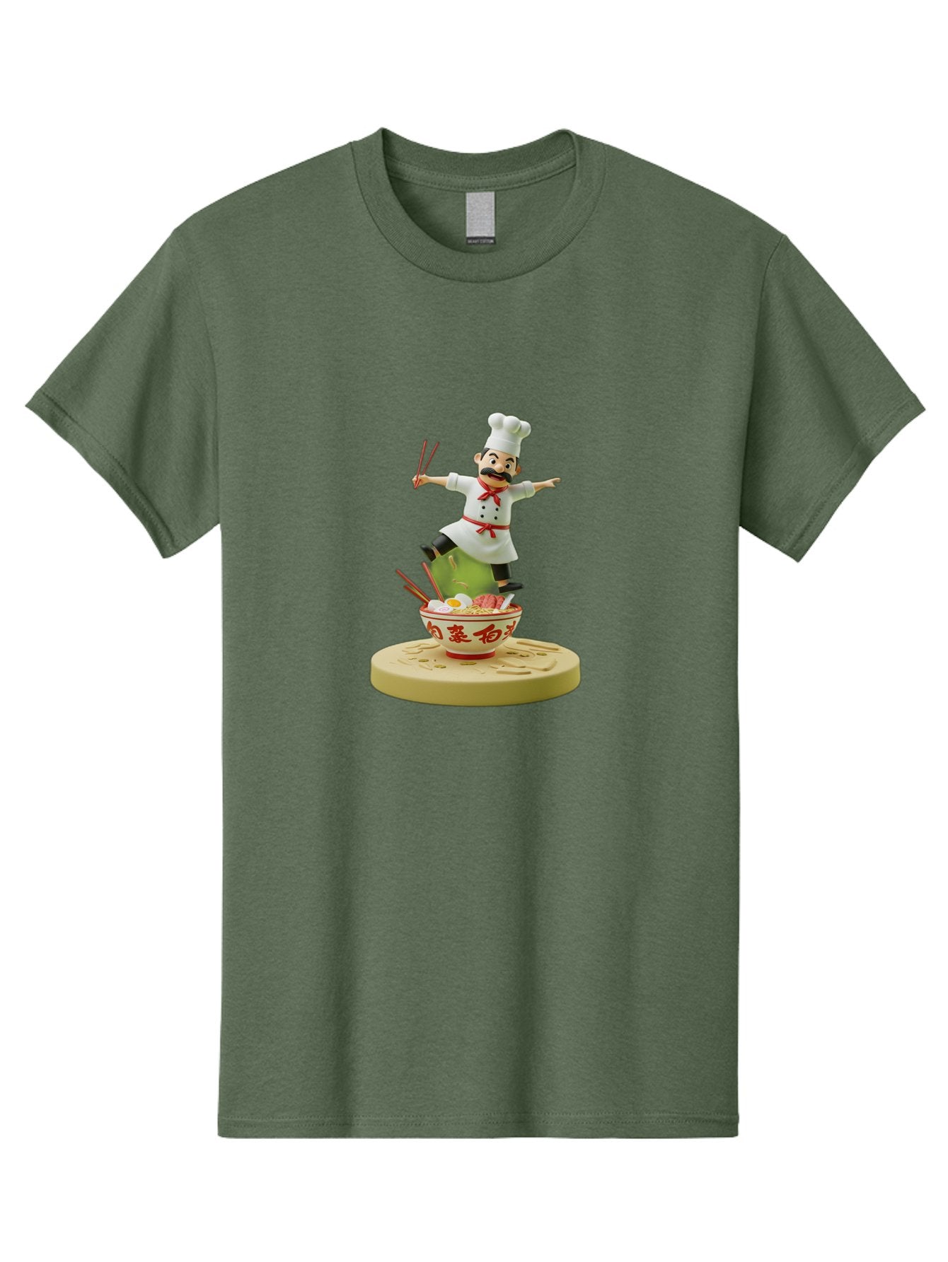 Chef-Figural Men'S Graphic Tee, 100% Cotton, Comfortable Casual Summer Wear, Machine Washable, Chef Figurine, Dancing Above Ramen Bowl, Red And White Design, Chopsticks, Asian Cuisine, Culinary Art, Figurative Sculpture, Kawaii Culture, Bab729 13