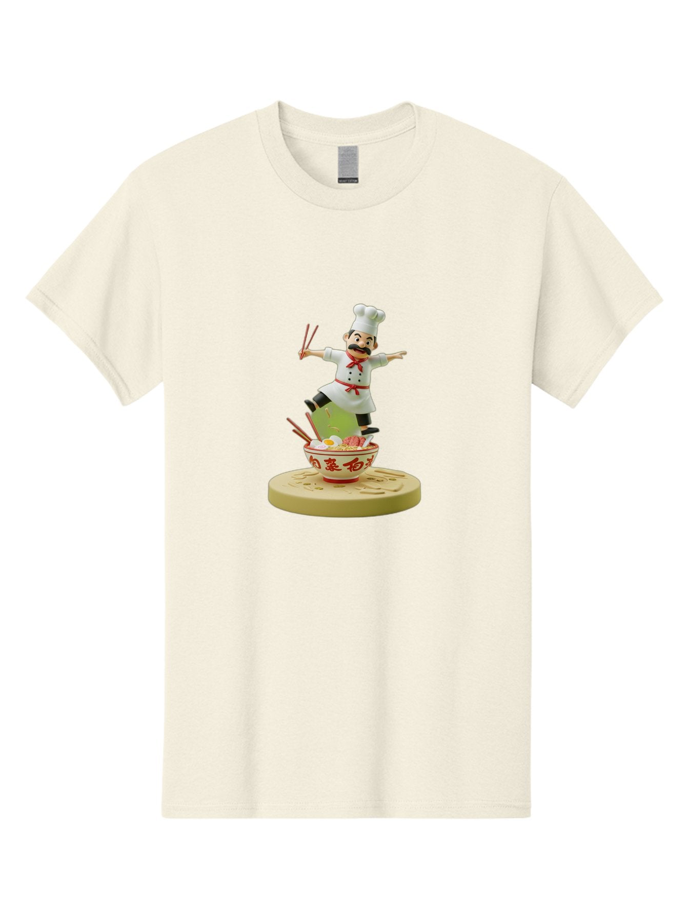 Chef-Figural Men'S Graphic Tee, 100% Cotton, Comfortable Casual Summer Wear, Machine Washable, Chef Figurine, Dancing Above Ramen Bowl, Red And White Design, Chopsticks, Asian Cuisine, Culinary Art, Figurative Sculpture, Kawaii Culture, Bab729 4