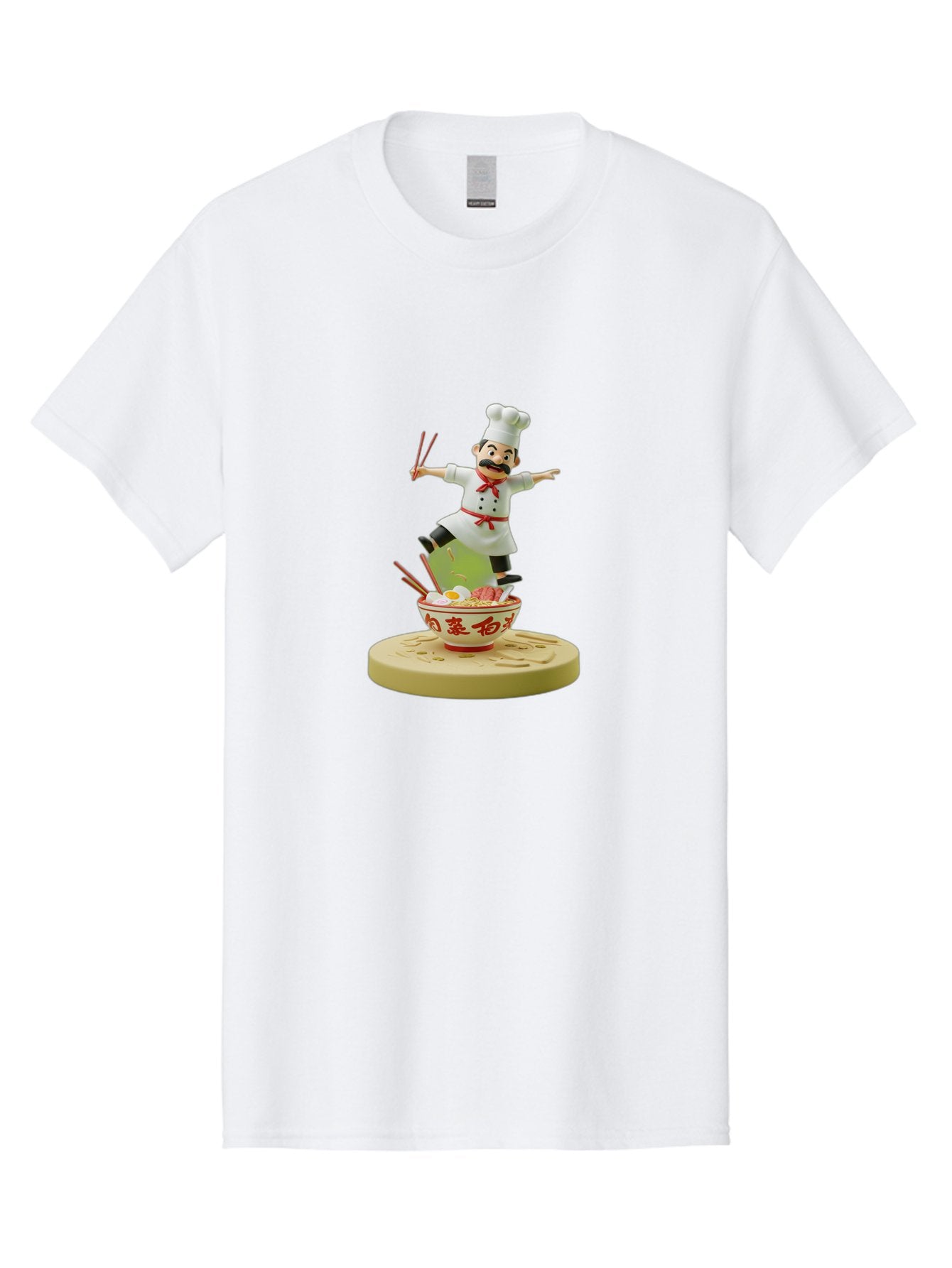 Chef-Figural Men'S Graphic Tee, 100% Cotton, Comfortable Casual Summer Wear, Machine Washable, Chef Figurine, Dancing Above Ramen Bowl, Red And White Design, Chopsticks, Asian Cuisine, Culinary Art, Figurative Sculpture, Kawaii Culture, Bab729 5