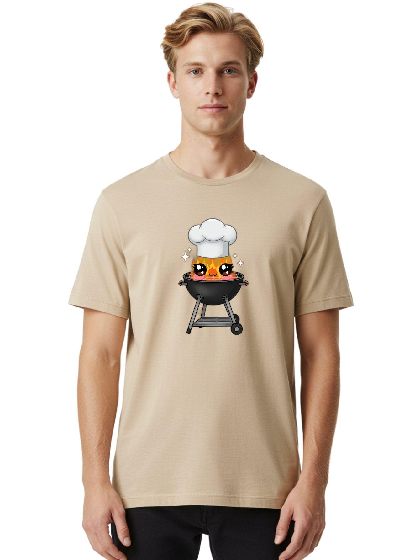Chef-Hat-Flame-Grill Men'S Graphic Tee, 100% Cotton, Comfortable Casual Summer Wear, Machine Washable, Grill With Flames, Chef Hat, Cartoon Style, Barbecue Cooking, Sizzling Food, Playful Design, Grill Master, Outdoor Cooking, Bab730 26