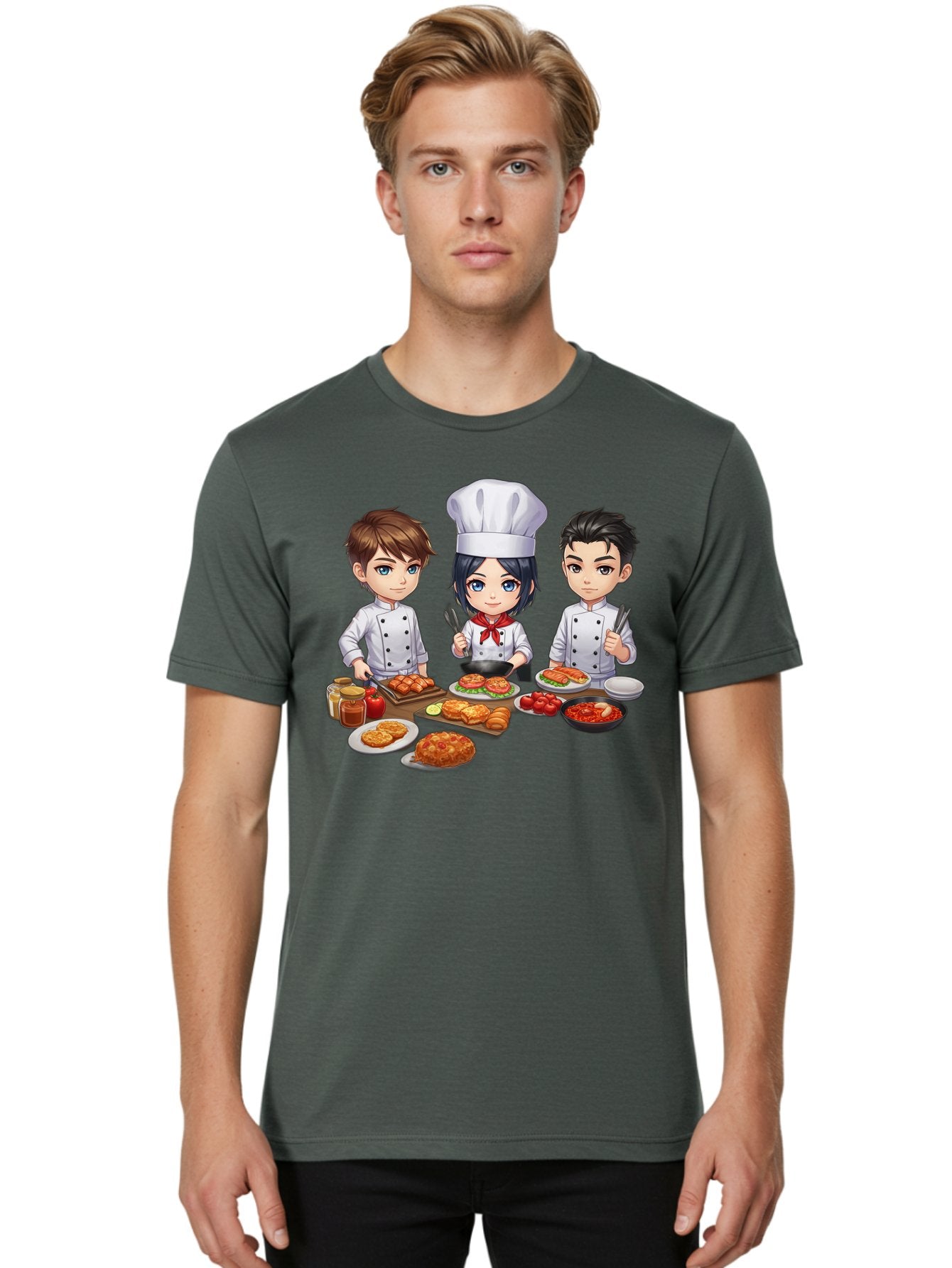 Chef-Team Men'S Graphic Tee, 100% Cotton, Comfortable Casual Summer Wear, Machine Washable, Cartoon Chefs, Cooking Together, Kitchen Teamwork, Culinary Delights, Food Preparation, Chef Hats, Kitchen Utensils, Delicious Dishes, Savory Meals, Bab731 26