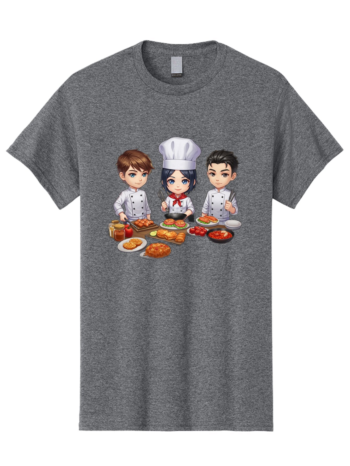 Chef-Team Men'S Graphic Tee, 100% Cotton, Comfortable Casual Summer Wear, Machine Washable, Cartoon Chefs, Cooking Together, Kitchen Teamwork, Culinary Delights, Food Preparation, Chef Hats, Kitchen Utensils, Delicious Dishes, Savory Meals, Bab731