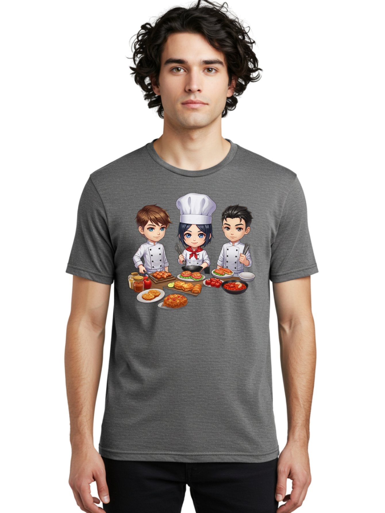 Chef-Team Men'S Graphic Tee, 100% Cotton, Comfortable Casual Summer Wear, Machine Washable, Cartoon Chefs, Cooking Together, Kitchen Teamwork, Culinary Delights, Food Preparation, Chef Hats, Kitchen Utensils, Delicious Dishes, Savory Meals, Bab731 19