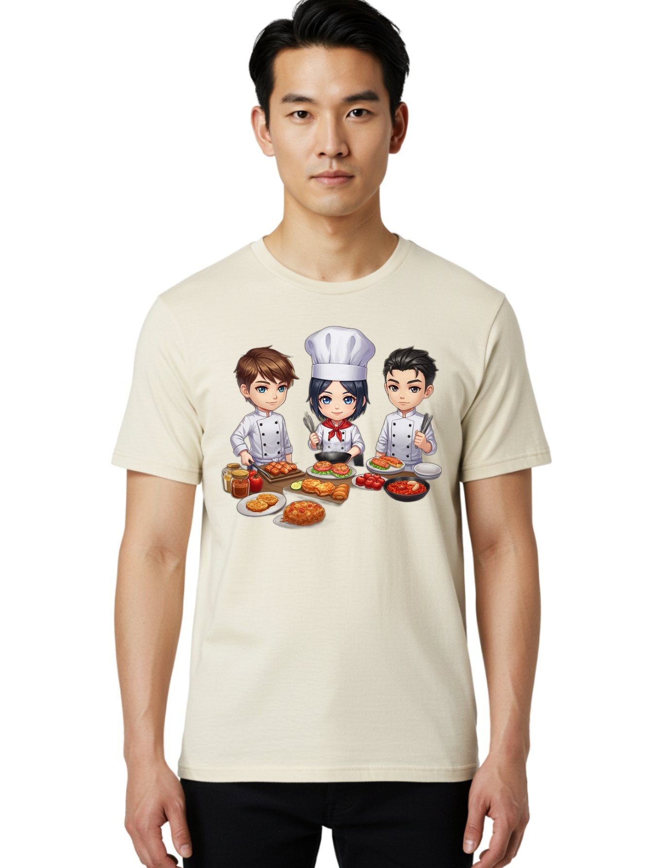 Chef-Team Men'S Graphic Tee, 100% Cotton, Comfortable Casual Summer Wear, Machine Washable, Cartoon Chefs, Cooking Together, Kitchen Teamwork, Culinary Delights, Food Preparation, Chef Hats, Kitchen Utensils, Delicious Dishes, Savory Meals, Bab731 30