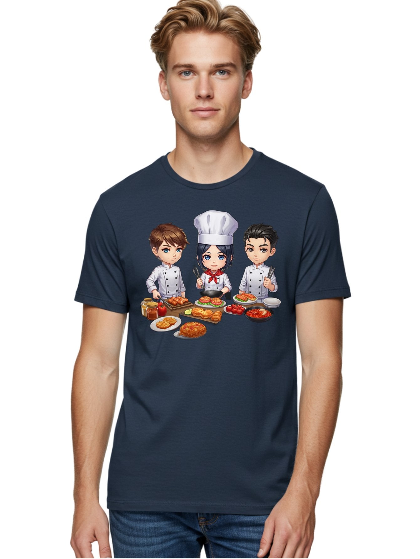 Chef-Team Men'S Graphic Tee, 100% Cotton, Comfortable Casual Summer Wear, Machine Washable, Cartoon Chefs, Cooking Together, Kitchen Teamwork, Culinary Delights, Food Preparation, Chef Hats, Kitchen Utensils, Delicious Dishes, Savory Meals, Bab731 22