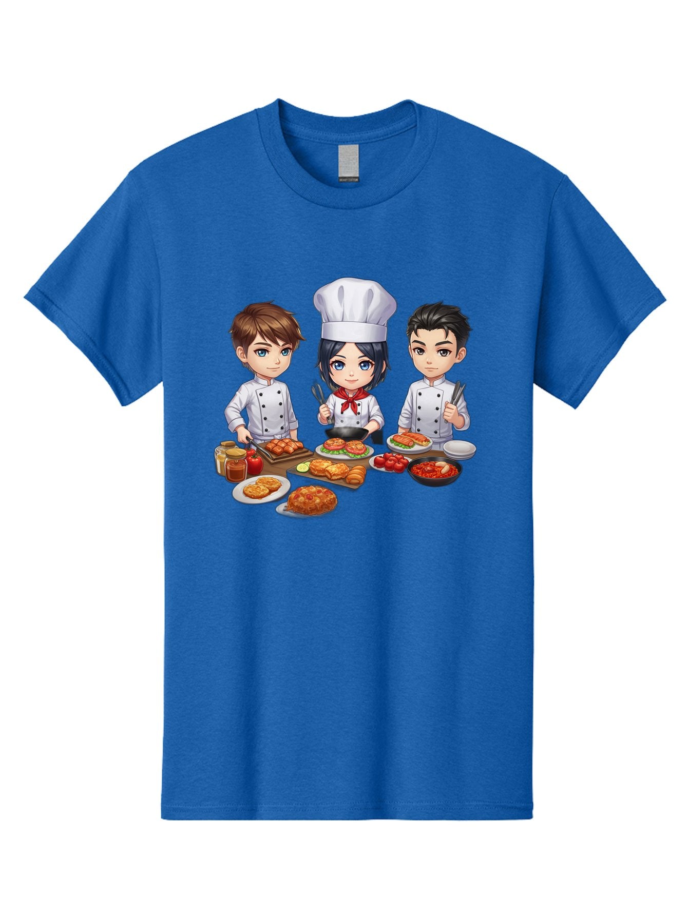 Chef-Team Men'S Graphic Tee, 100% Cotton, Comfortable Casual Summer Wear, Machine Washable, Cartoon Chefs, Cooking Together, Kitchen Teamwork, Culinary Delights, Food Preparation, Chef Hats, Kitchen Utensils, Delicious Dishes, Savory Meals, Bab731 13