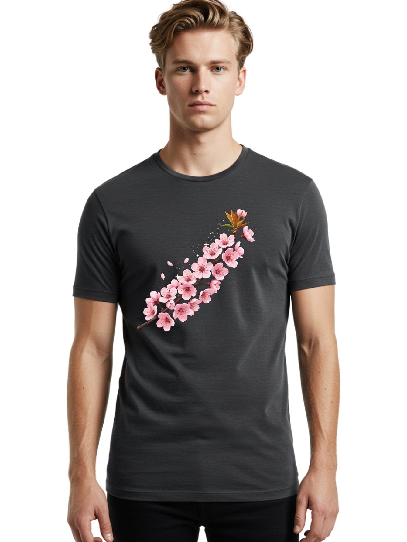 Cherry-Blossom-Branch Men'S Graphic Tee, 100% Cotton, Comfortable Casual Summer Wear, Machine Washable, Cherry Blossom Flowers, Pink Petals, Falling Petals, Floral Arrangement, Delicate Blooms, Spring Flowers, Soft Pink Hues, Flower Branch Bab732 26