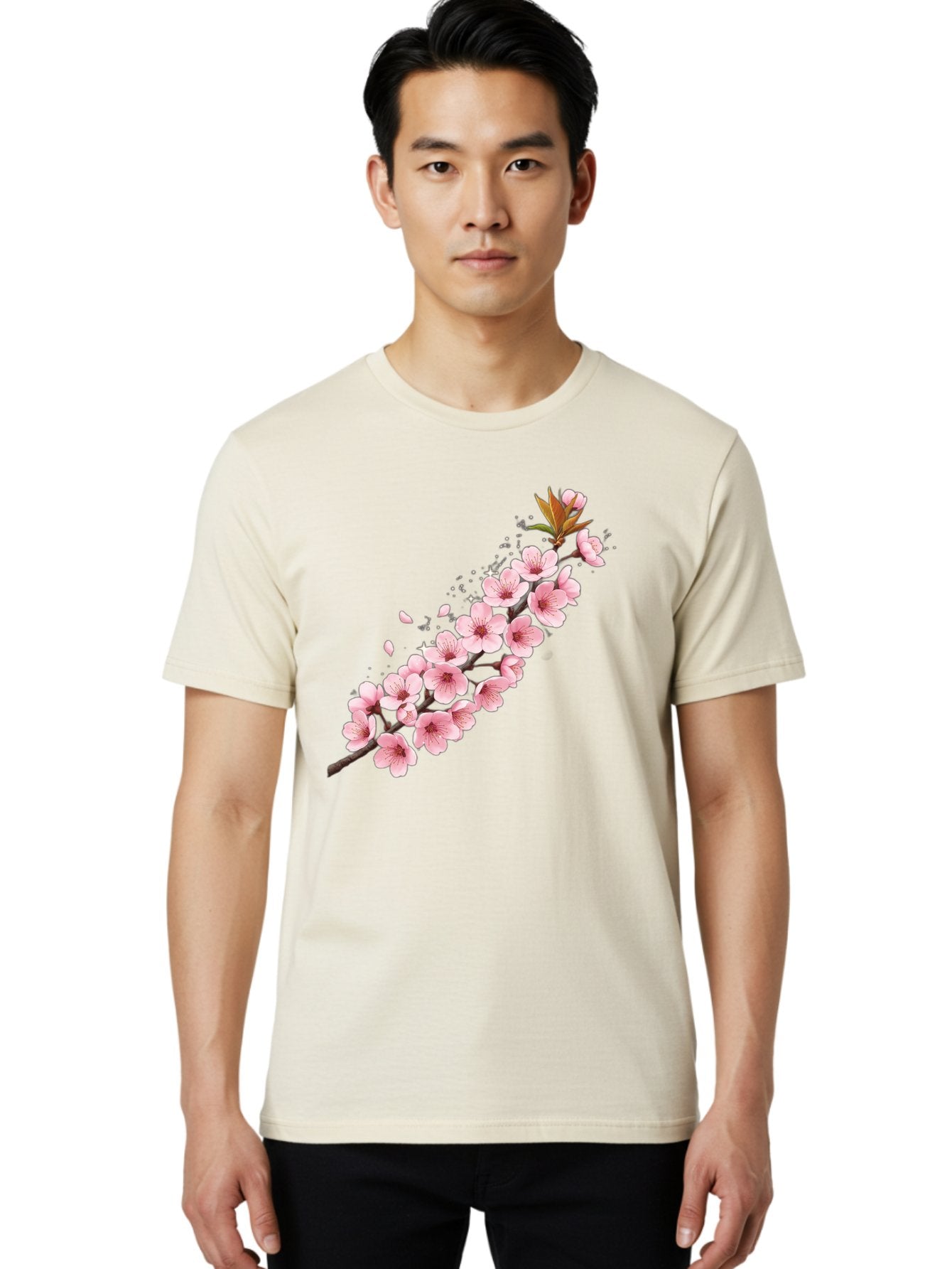 Cherry-Blossom-Branch Men'S Graphic Tee, 100% Cotton, Comfortable Casual Summer Wear, Machine Washable, Cherry Blossom Flowers, Pink Petals, Falling Petals, Floral Arrangement, Delicate Blooms, Spring Flowers, Soft Pink Hues, Flower Branch Bab732 23