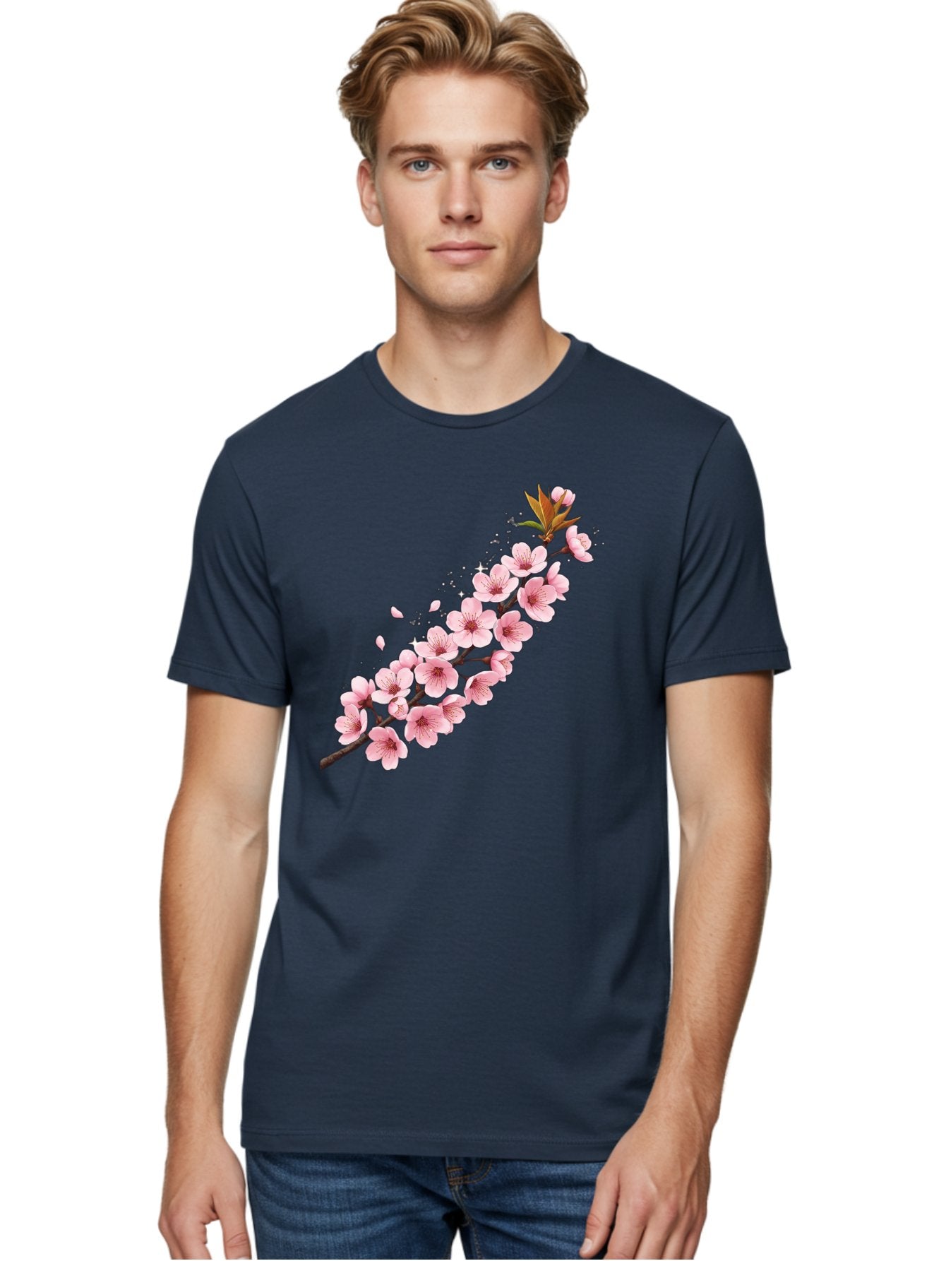 Cherry-Blossom-Branch Men'S Graphic Tee, 100% Cotton, Comfortable Casual Summer Wear, Machine Washable, Cherry Blossom Flowers, Pink Petals, Falling Petals, Floral Arrangement, Delicate Blooms, Spring Flowers, Soft Pink Hues, Flower Branch Bab732 21