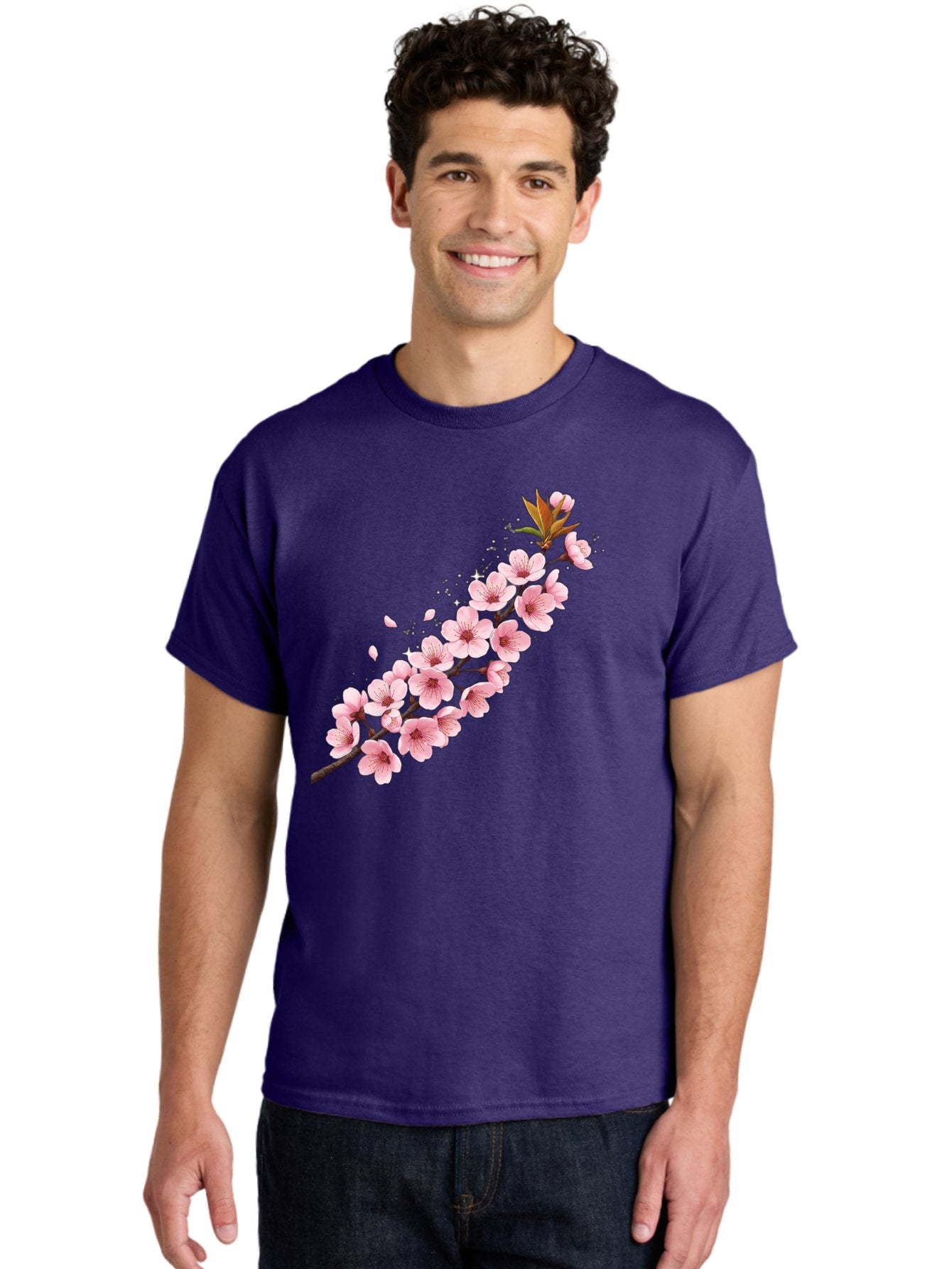 Cherry-Blossom-Branch Men'S Graphic Tee, 100% Cotton, Comfortable Casual Summer Wear, Machine Washable, Cherry Blossom Flowers, Pink Petals, Falling Petals, Floral Arrangement, Delicate Blooms, Spring Flowers, Soft Pink Hues, Flower Branch Bab732 25