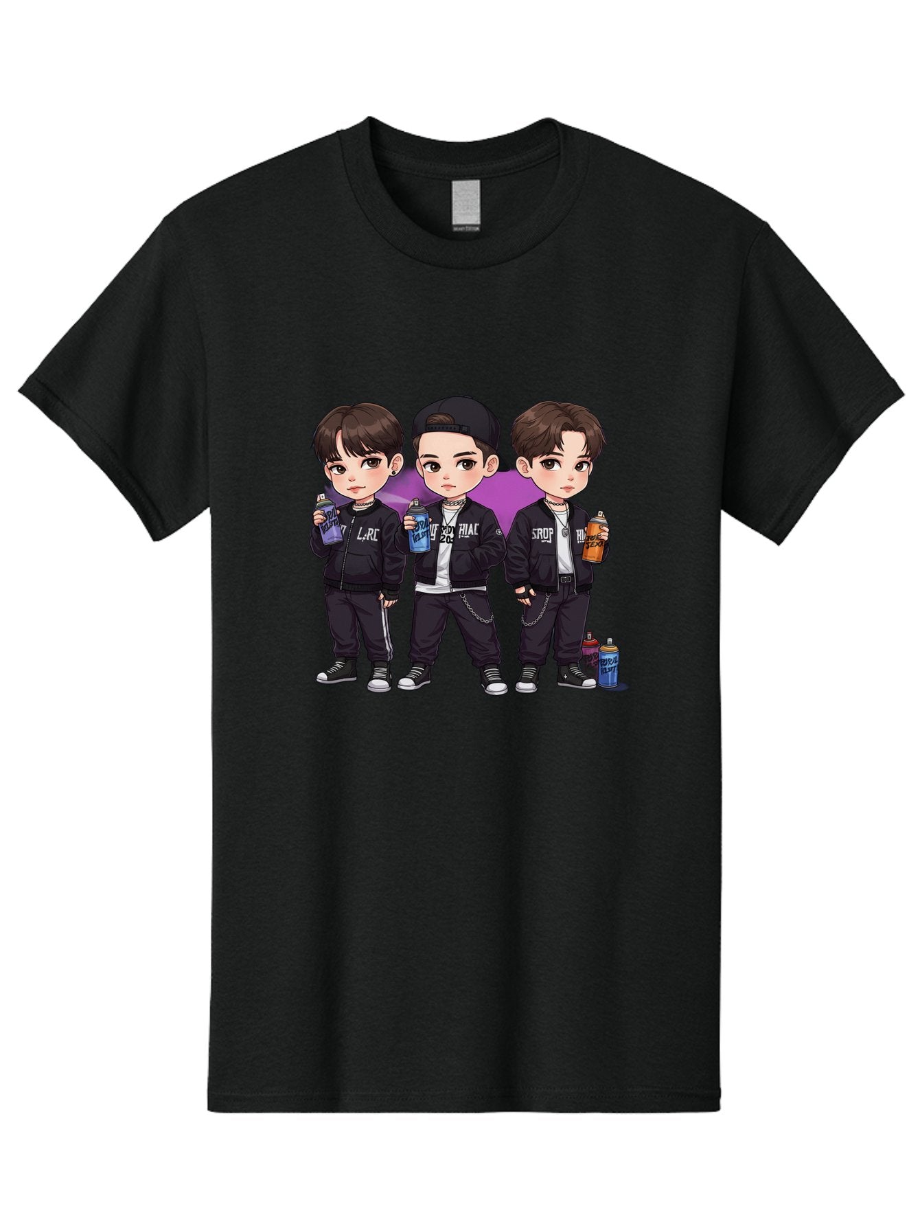 Chibi-Boys Men'S Graphic Tee, 100% Cotton, Comfortable Casual Summer Wear, Machine Washable, Three Boys In Black Jackets, Streetwear Fashion, Casual Style, Young Males, Holding Cans, Urban Look, Lrc, Hiac, Srof, Graffiti Style, Kawaii Art, Bab733 6
