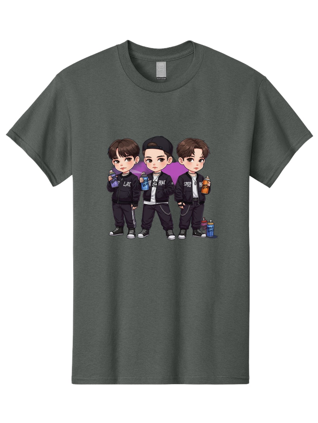 Chibi-Boys Men'S Graphic Tee, 100% Cotton, Comfortable Casual Summer Wear, Machine Washable, Three Boys In Black Jackets, Streetwear Fashion, Casual Style, Young Males, Holding Cans, Urban Look, Lrc, Hiac, Srof, Graffiti Style, Kawaii Art, Bab733