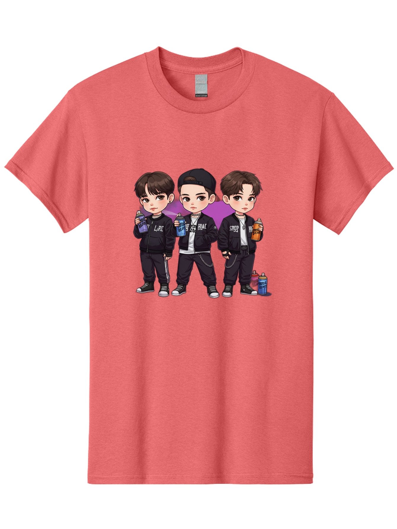 Chibi-Boys Men'S Graphic Tee, 100% Cotton, Comfortable Casual Summer Wear, Machine Washable, Three Boys In Black Jackets, Streetwear Fashion, Casual Style, Young Males, Holding Cans, Urban Look, Lrc, Hiac, Srof, Graffiti Style, Kawaii Art, Bab733 3