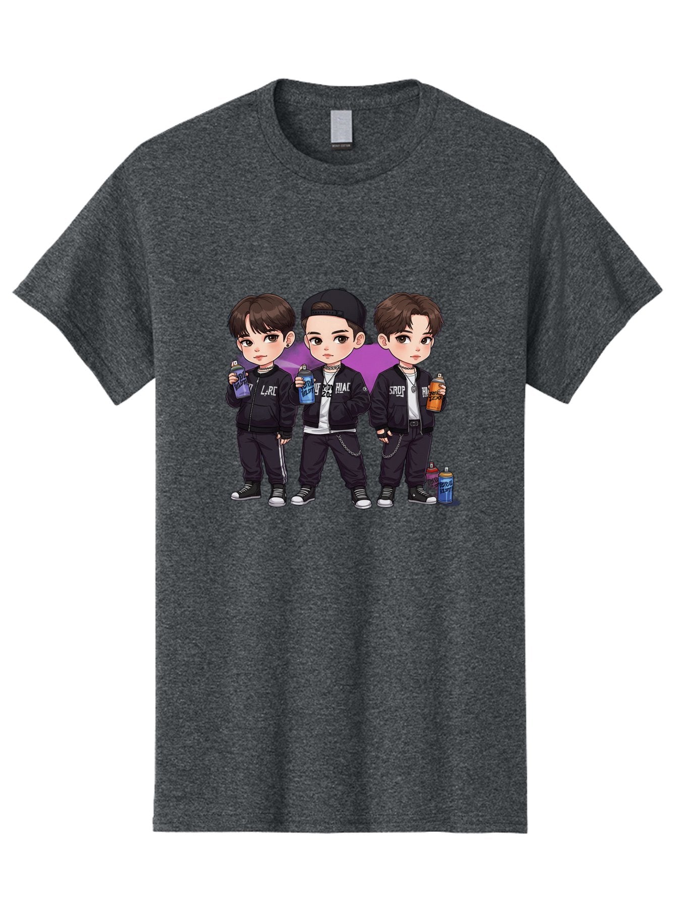 Chibi-Boys Men'S Graphic Tee, 100% Cotton, Comfortable Casual Summer Wear, Machine Washable, Three Boys In Black Jackets, Streetwear Fashion, Casual Style, Young Males, Holding Cans, Urban Look, Lrc, Hiac, Srof, Graffiti Style, Kawaii Art, Bab733 4