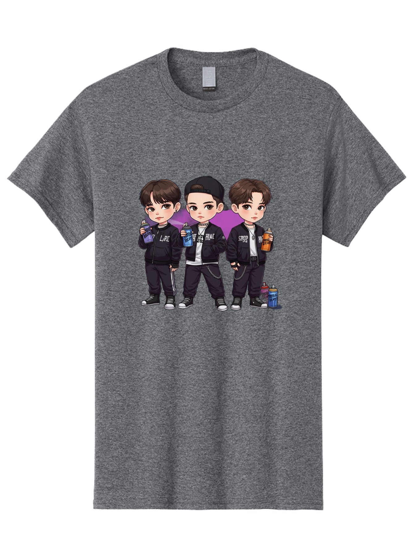 Chibi-Boys Men'S Graphic Tee, 100% Cotton, Comfortable Casual Summer Wear, Machine Washable, Three Boys In Black Jackets, Streetwear Fashion, Casual Style, Young Males, Holding Cans, Urban Look, Lrc, Hiac, Srof, Graffiti Style, Kawaii Art, Bab733 15