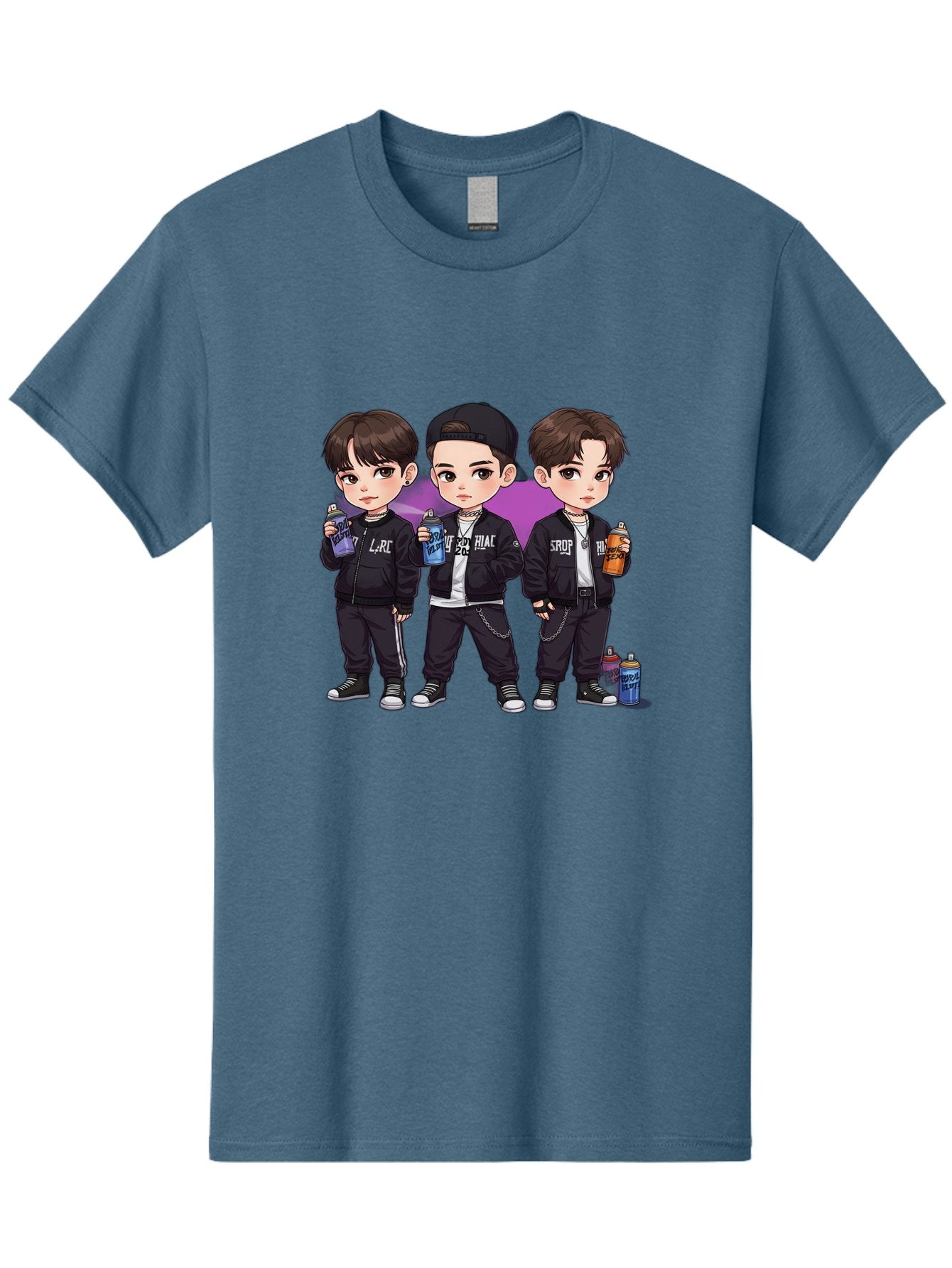 Chibi-Boys Men'S Graphic Tee, 100% Cotton, Comfortable Casual Summer Wear, Machine Washable, Three Boys In Black Jackets, Streetwear Fashion, Casual Style, Young Males, Holding Cans, Urban Look, Lrc, Hiac, Srof, Graffiti Style, Kawaii Art, Bab733 7