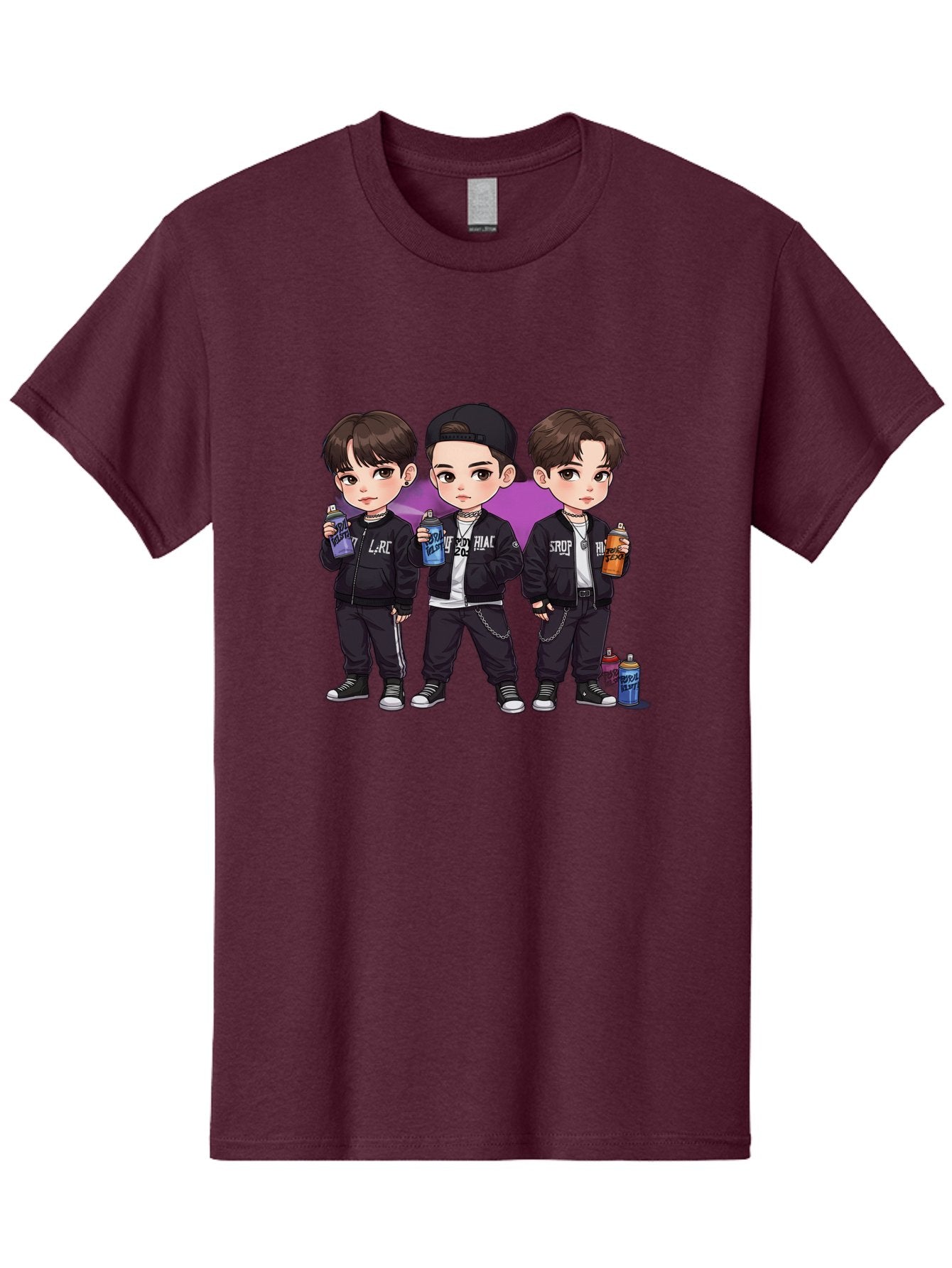 Chibi-Boys Men'S Graphic Tee, 100% Cotton, Comfortable Casual Summer Wear, Machine Washable, Three Boys In Black Jackets, Streetwear Fashion, Casual Style, Young Males, Holding Cans, Urban Look, Lrc, Hiac, Srof, Graffiti Style, Kawaii Art, Bab733 5