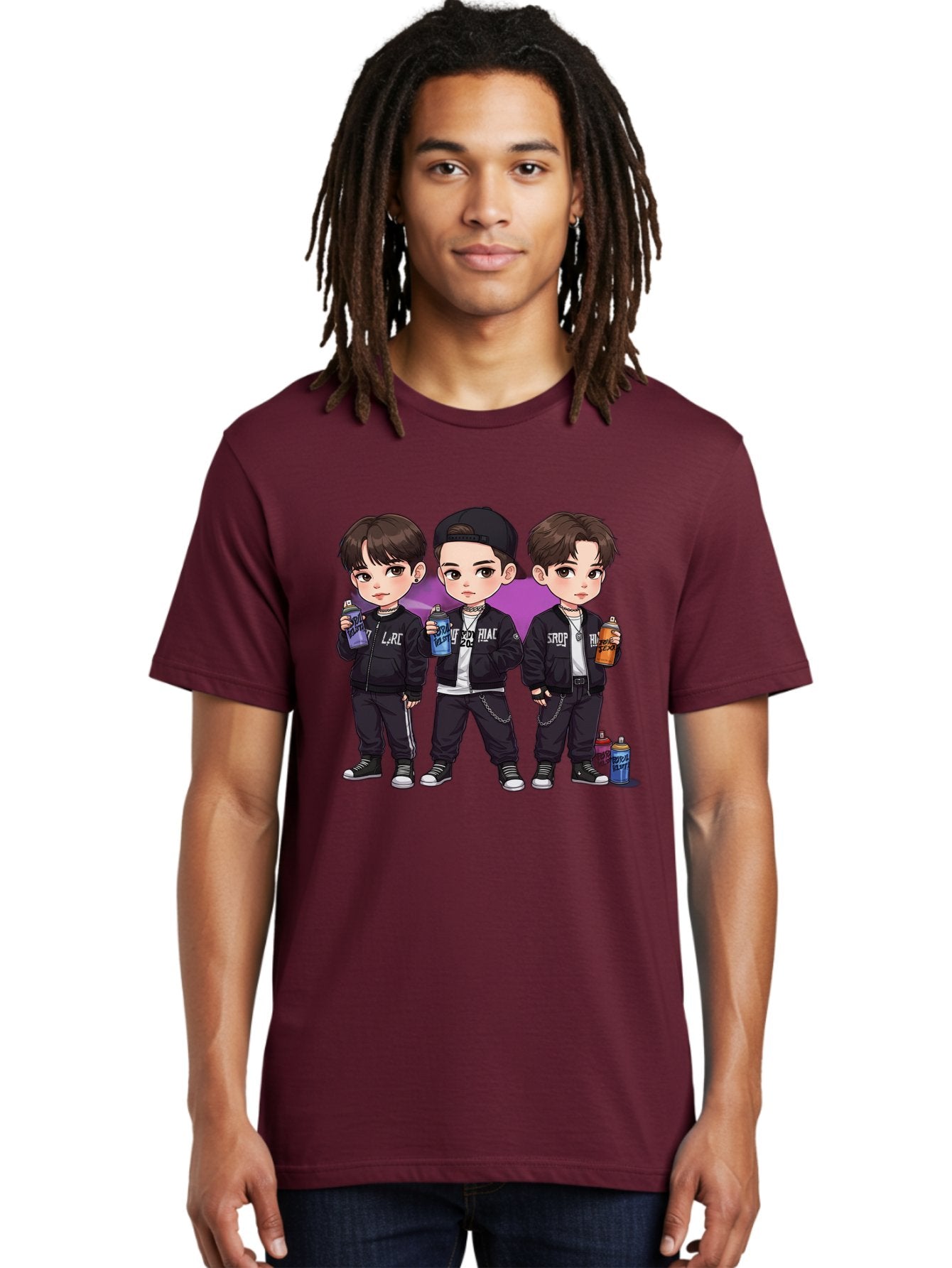 Chibi-Boys Men'S Graphic Tee, 100% Cotton, Comfortable Casual Summer Wear, Machine Washable, Three Boys In Black Jackets, Streetwear Fashion, Casual Style, Young Males, Holding Cans, Urban Look, Lrc, Hiac, Srof, Graffiti Style, Kawaii Art, Bab733 23