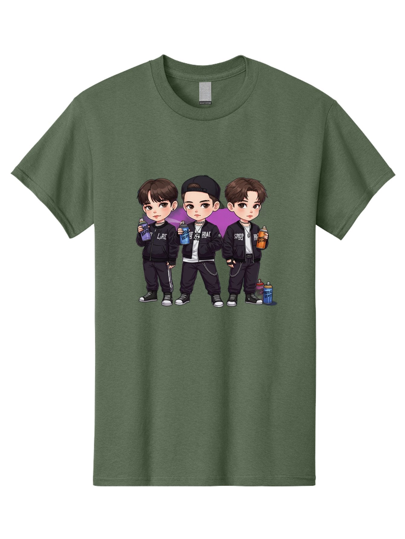 Chibi-Boys Men'S Graphic Tee, 100% Cotton, Comfortable Casual Summer Wear, Machine Washable, Three Boys In Black Jackets, Streetwear Fashion, Casual Style, Young Males, Holding Cans, Urban Look, Lrc, Hiac, Srof, Graffiti Style, Kawaii Art, Bab733 8