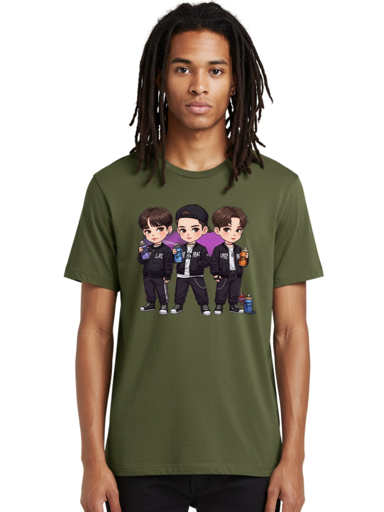 Chibi-Boys Men'S Graphic Tee, 100% Cotton, Comfortable Casual Summer Wear, Machine Washable, Three Boys In Black Jackets, Streetwear Fashion, Casual Style, Young Males, Holding Cans, Urban Look, Lrc, Hiac, Srof, Graffiti Style, Kawaii Art, Bab733 25