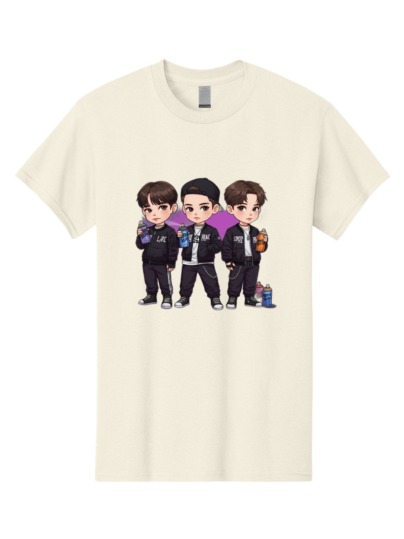 Chibi-Boys Men'S Graphic Tee, 100% Cotton, Comfortable Casual Summer Wear, Machine Washable, Three Boys In Black Jackets, Streetwear Fashion, Casual Style, Young Males, Holding Cans, Urban Look, Lrc, Hiac, Srof, Graffiti Style, Kawaii Art, Bab733 12