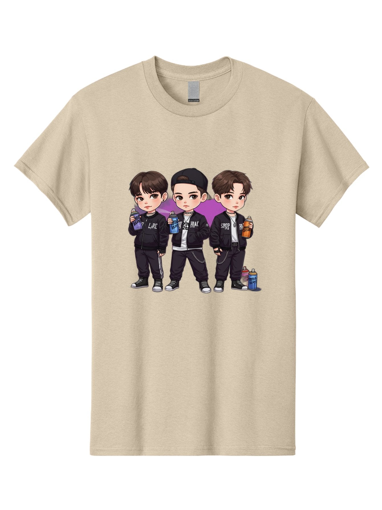 Chibi-Boys Men'S Graphic Tee, 100% Cotton, Comfortable Casual Summer Wear, Machine Washable, Three Boys In Black Jackets, Streetwear Fashion, Casual Style, Young Males, Holding Cans, Urban Look, Lrc, Hiac, Srof, Graffiti Style, Kawaii Art, Bab733