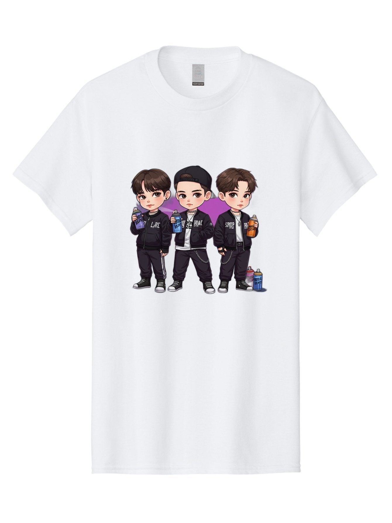 Chibi-Boys Men'S Graphic Tee, 100% Cotton, Comfortable Casual Summer Wear, Machine Washable, Three Boys In Black Jackets, Streetwear Fashion, Casual Style, Young Males, Holding Cans, Urban Look, Lrc, Hiac, Srof, Graffiti Style, Kawaii Art, Bab733 10