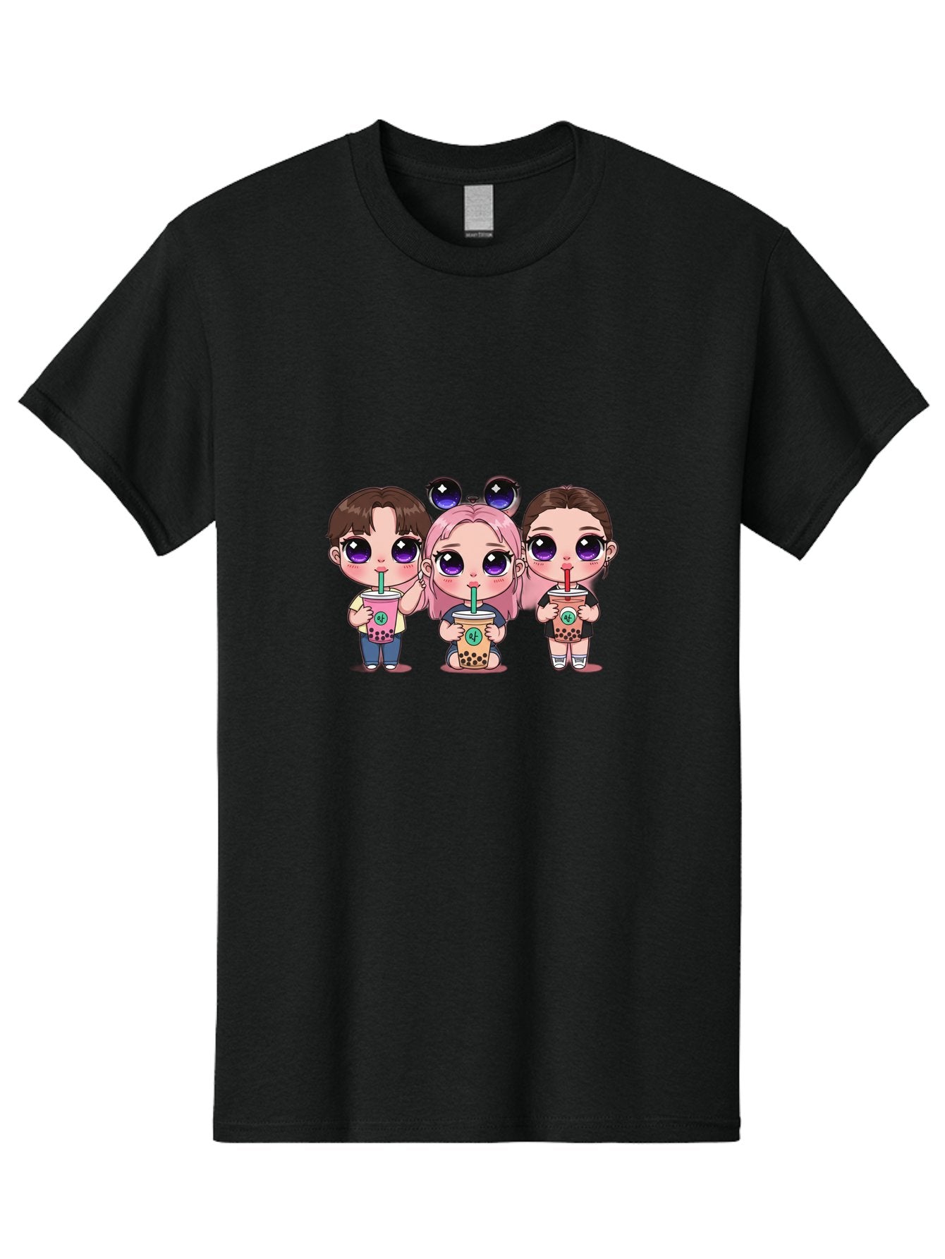 Chibi-Friends Men'S Graphic Tee, 100% Cotton, Comfortable Casual Summer Wear, Machine Washable, Chibi Style, Kawaii Characters, Boba Tea, Bubble Tea Cups, Cartoon Friends, Anime Characters, Cute Accessories, Adorable Illustrations, Bab734