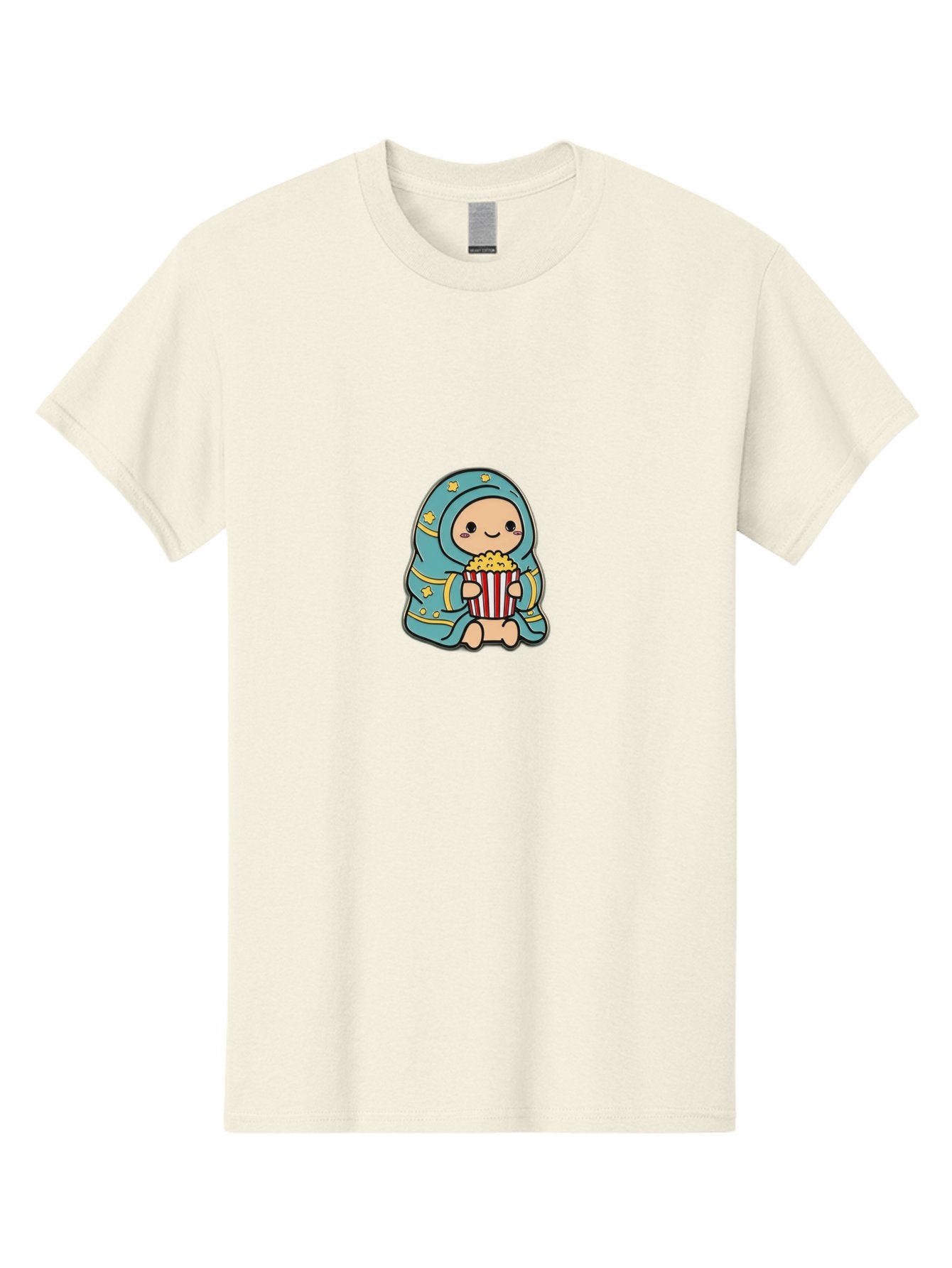 Child-With-Popcorn Men'S Graphic Tee, 100% Cotton, Comfortable Casual Summer Wear, Machine Washable, Cartoon Character, Blue Hijab, Yellow Stars, Smiling Face, Red And White Popcorn Bucket, Yellow Popcorn, Cinematic Experience, Bab735 4