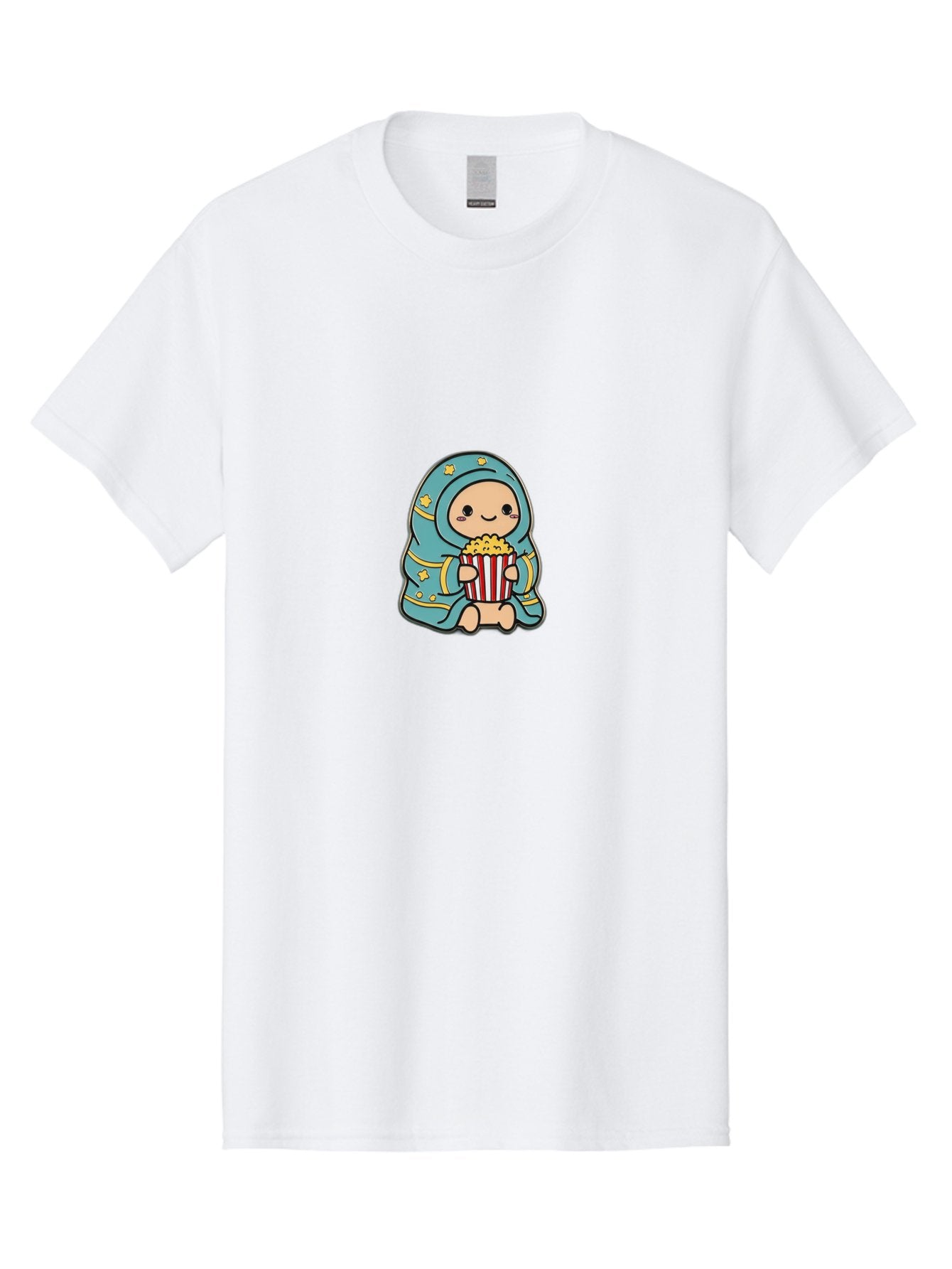 Child-With-Popcorn Men'S Graphic Tee, 100% Cotton, Comfortable Casual Summer Wear, Machine Washable, Cartoon Character, Blue Hijab, Yellow Stars, Smiling Face, Red And White Popcorn Bucket, Yellow Popcorn, Cinematic Experience, Bab735 6