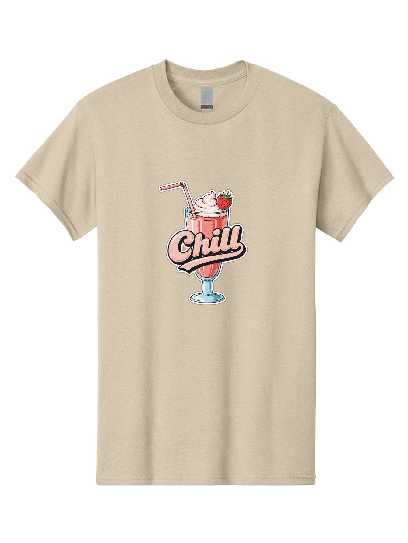 Chill Men'S Graphic Tee, 100% Cotton, Comfortable Casual Summer Wear, Machine Washable, Strawberry Milkshake, Chilled Dessert, Whipped Cream, Pink Straw, Relaxing Beverage, Summertime Treat, Sweet Indulgence, Chill Vibes, Refreshing Drink, Bab736