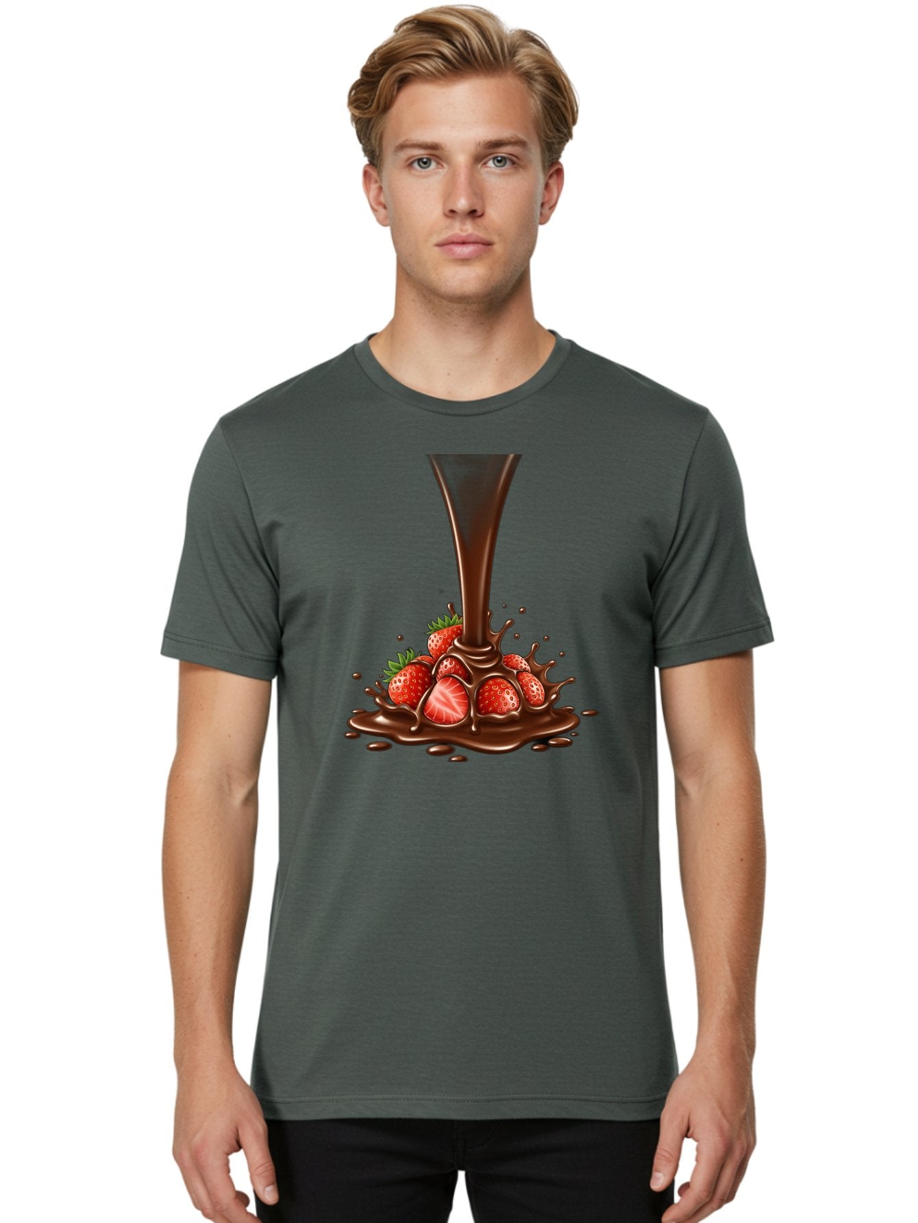 Chocolate-And-Strawberries Men'S Graphic Tee, 100% Cotton, Comfortable Casual Summer Wear, Machine Washable, Chocolate Sauce Pouring, Strawberries, Sweet Treat, Dessert, Indulgent, Chocolate Fondue, Strawberries And Chocolate, Dessert Lover, Bab737 22