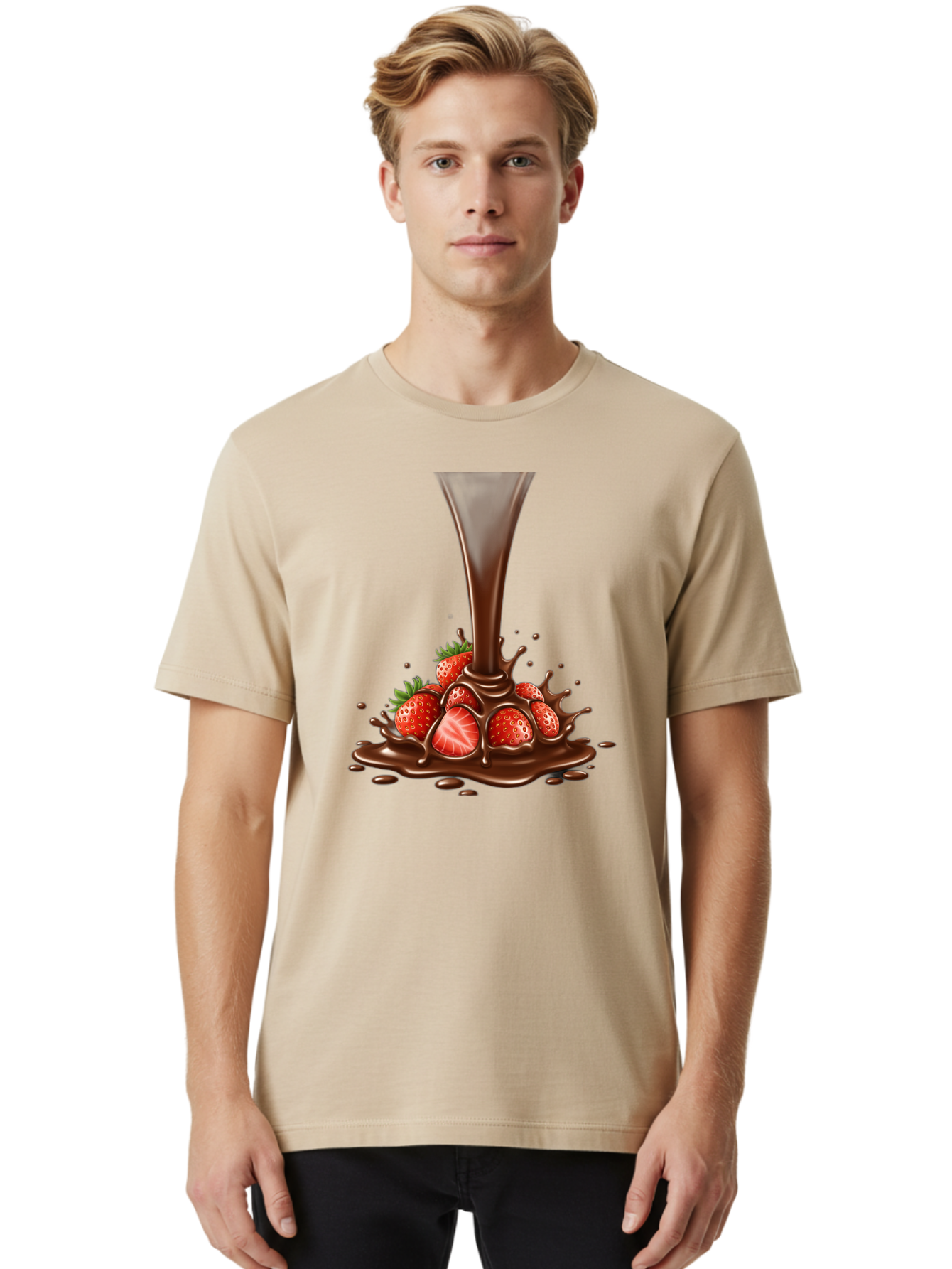 Chocolate-And-Strawberries Men'S Graphic Tee, 100% Cotton, Comfortable Casual Summer Wear, Machine Washable, Chocolate Sauce Pouring, Strawberries, Sweet Treat, Dessert, Indulgent, Chocolate Fondue, Strawberries And Chocolate, Dessert Lover, Bab737 29