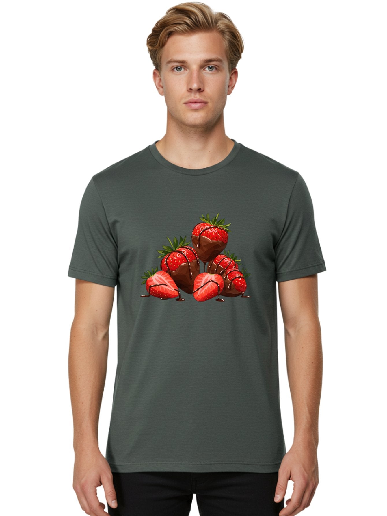 Chocolate-Covered-Strawberries-1 Men'S Graphic Tee, 100% Cotton, Comfortable Casual Summer Wear, Machine Washable, Chocolate Covered Strawberries, Sweet Treats, Indulgent Dessert, Ripe Strawberries, Chocolate Drizzle, Decadent, Luxurious, Bab740 16