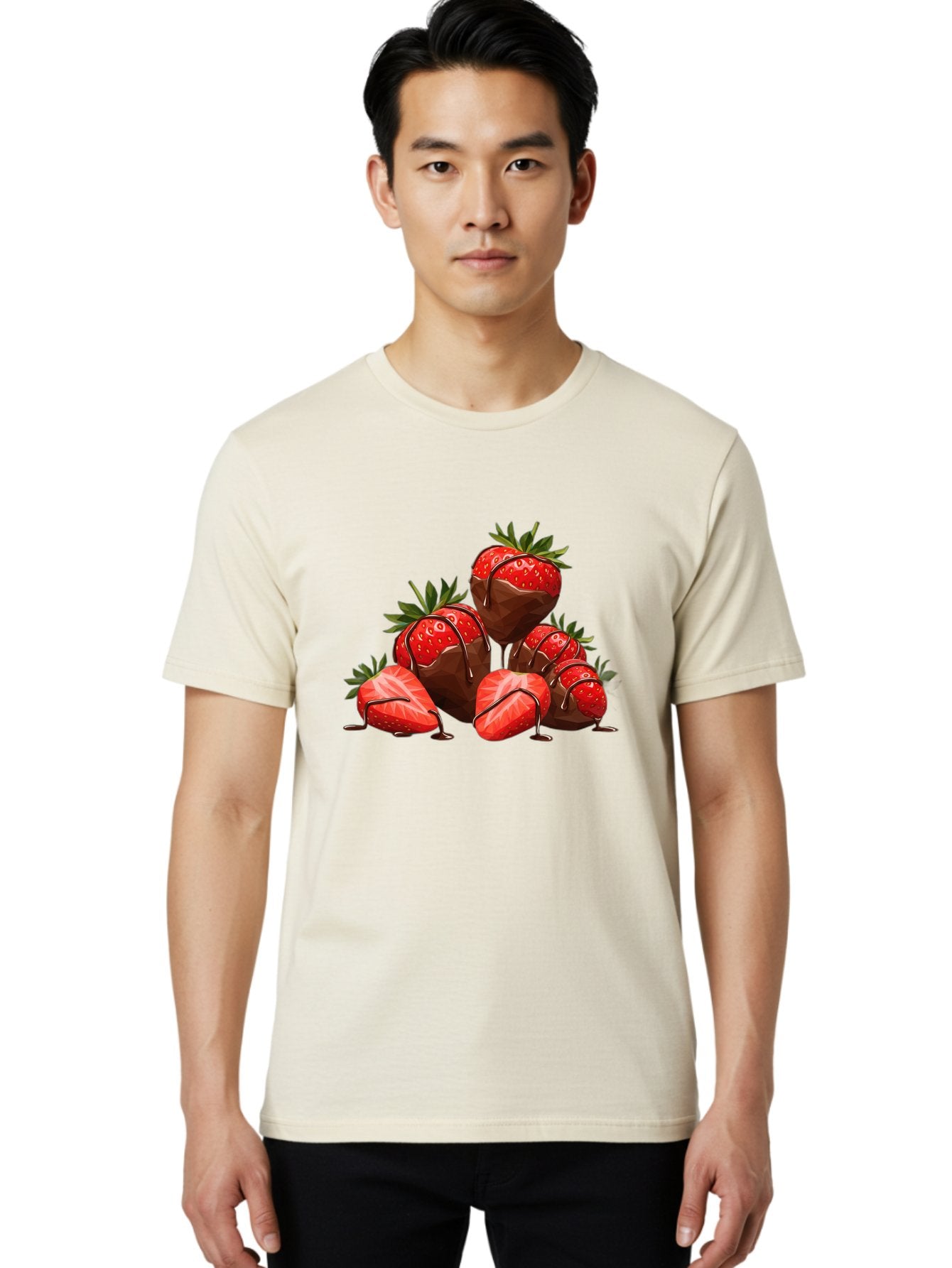 Chocolate-Covered-Strawberries-1 Men'S Graphic Tee, 100% Cotton, Comfortable Casual Summer Wear, Machine Washable, Chocolate Covered Strawberries, Sweet Treats, Indulgent Dessert, Ripe Strawberries, Chocolate Drizzle, Decadent, Luxurious, Bab740 22