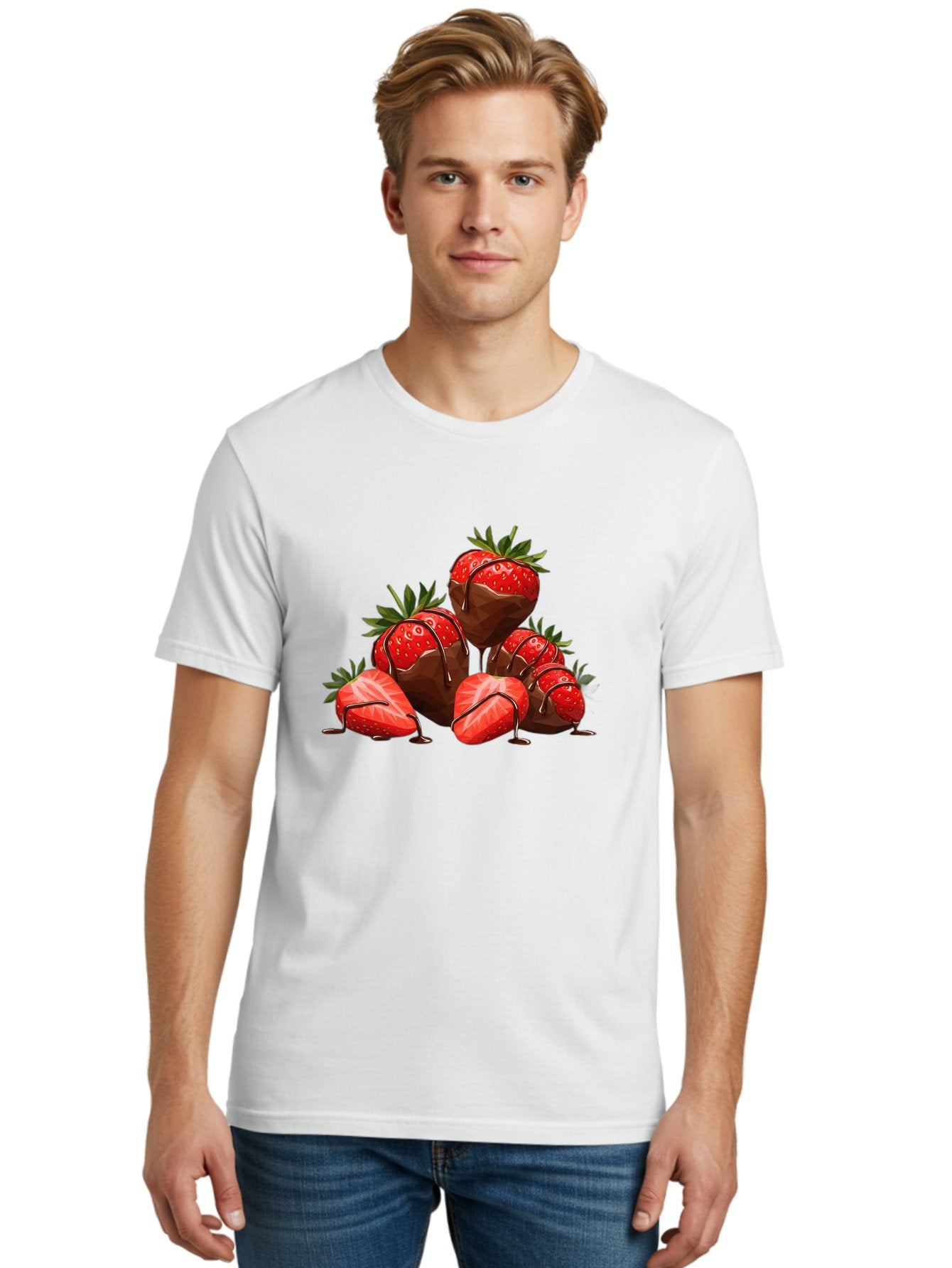 Chocolate-Covered-Strawberries-1 Men'S Graphic Tee, 100% Cotton, Comfortable Casual Summer Wear, Machine Washable, Chocolate Covered Strawberries, Sweet Treats, Indulgent Dessert, Ripe Strawberries, Chocolate Drizzle, Decadent, Luxurious, Bab740 27