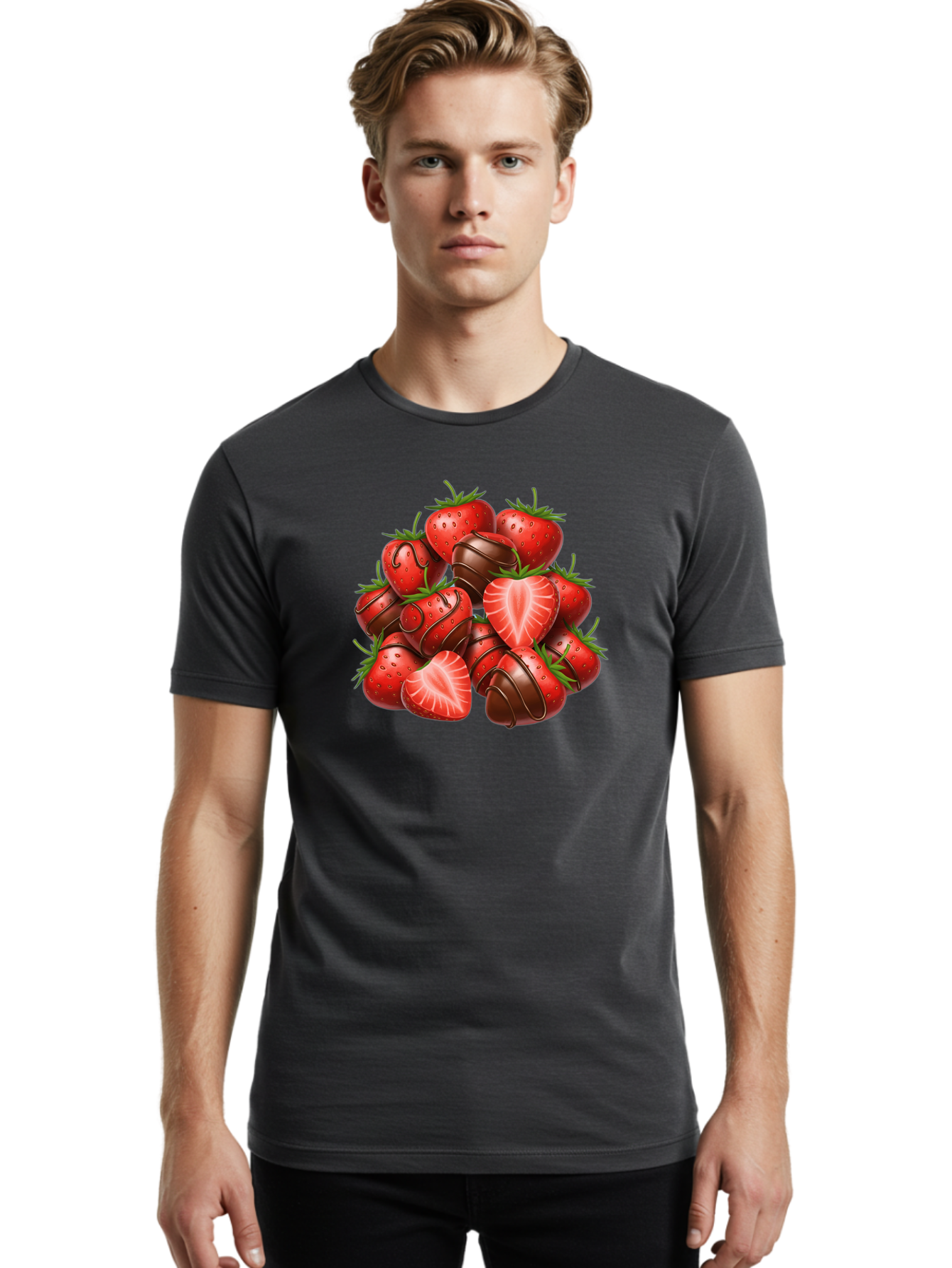 Chocolate-Dipped-Strawberries Men'S Graphic Tee, 100% Cotton, Comfortable Casual Summer Wear, Machine Washable, Chocolate Covered Strawberries, Sweet Treats, Delicious Desserts, Strawberry Lovers, Chocolate Indulgence, Tasty Fruit, Bab746 17