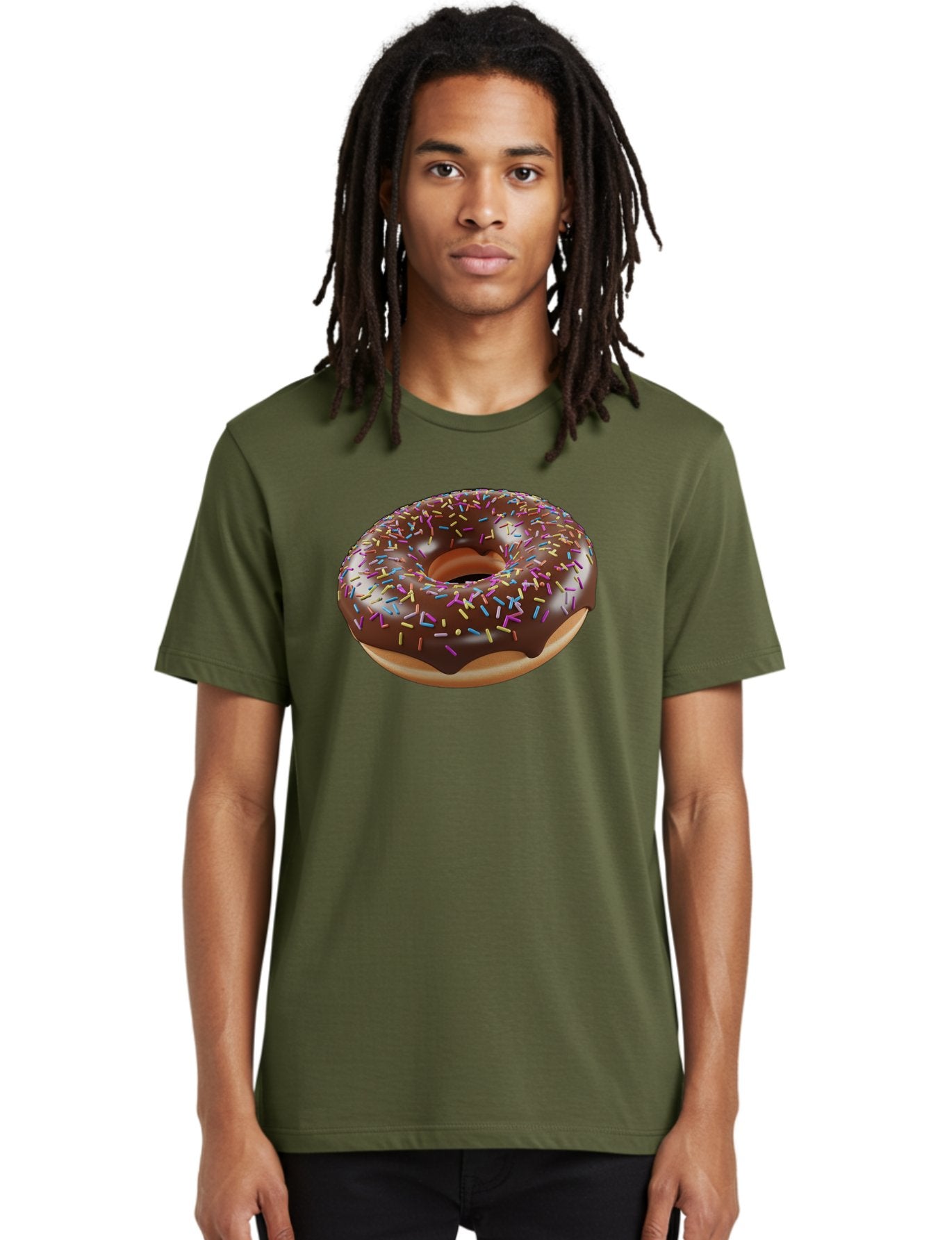 Chocolate-Donut-With-Sprinkles Men'S Graphic Tee, 100% Cotton, Comfortable Casual Summer Wear, Machine Washable, Chocolate Donut, Donut With Sprinkles, Sweet Treat, Baked Goods, Colorful Dessert, Tasty Pastry, Chocolate Frosting, Sprinkles, Bab747 21
