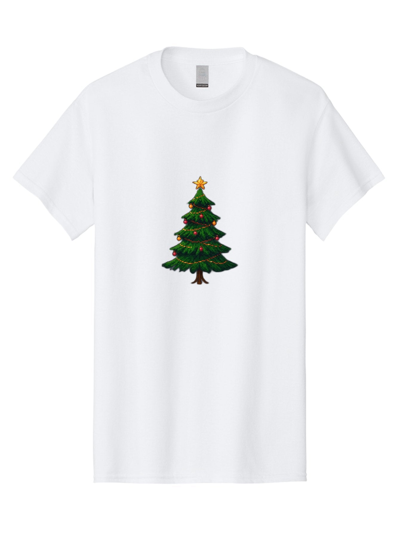 Christmas-Tree-1 Men'S Graphic Tee, 100% Cotton, Comfortable Casual Summer Wear, Machine Washable, Christmas Tree Illustration, Decorated Tree, Festive Decorations, Red And Gold Ornaments, String Lights, Golden Star, Holiday Season, Bab749 7