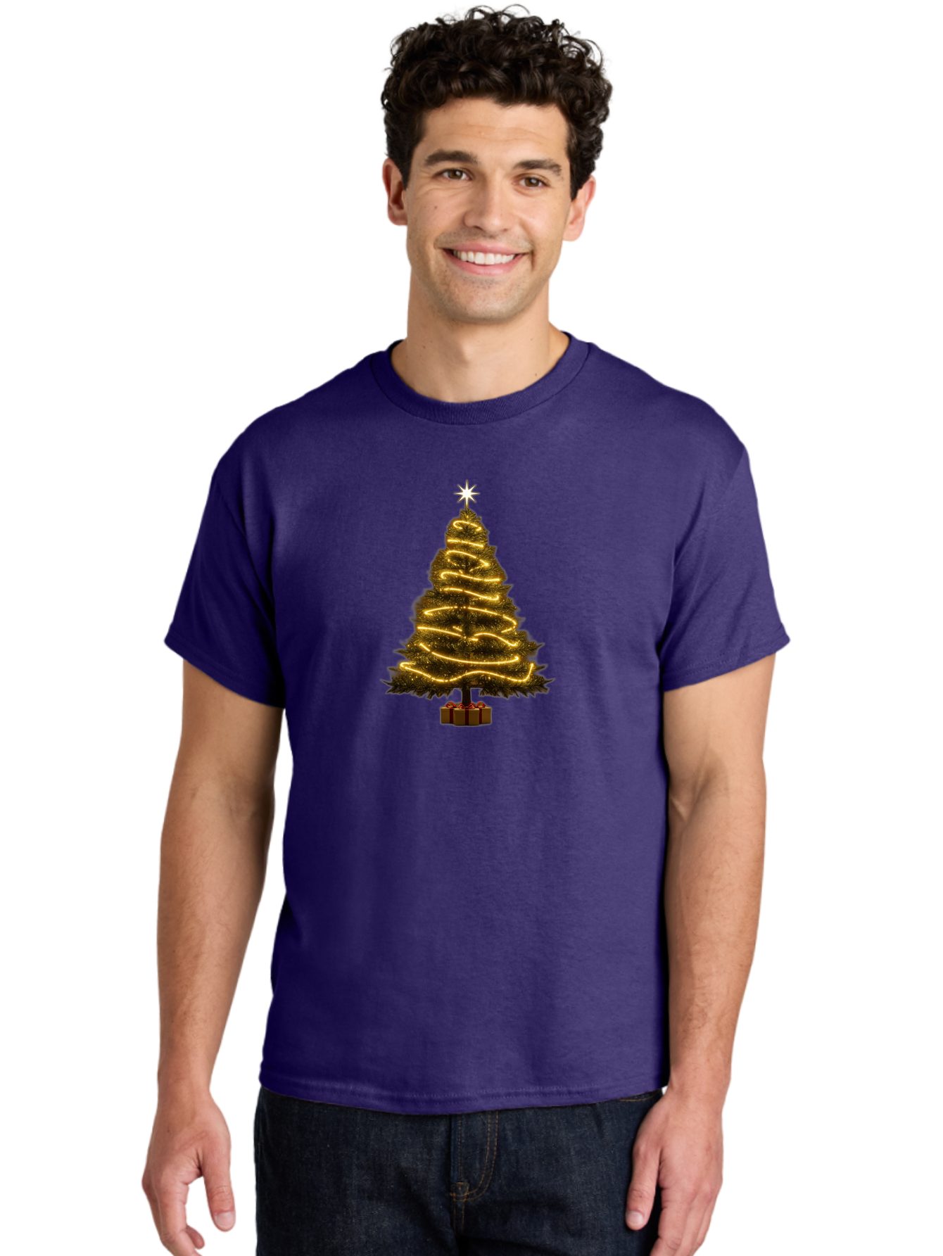Christmas-Tree-3 Men'S Graphic Tee, 100% Cotton, Comfortable Casual Summer Wear, Machine Washable, Christmas Tree Decoration, Festive Holiday Lights, Glowing String Lights, Star Topper, Winter Season, Holiday Cheer, Christmas Decoration, Bab751 17